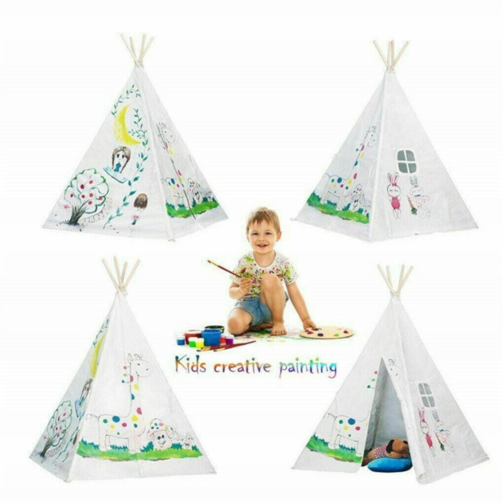 Large Pink Canvas Cotton Kids Teepee Tent Play House for Indoor Outdoor Games, Kids Foldable Play Tent Mascarry