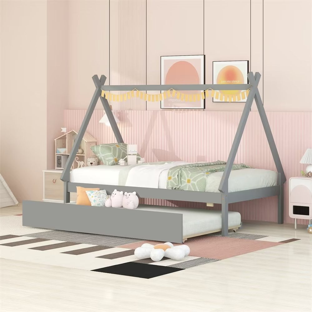 Teepee Bed, Twin Floor Bed for Kids, Wooden Montessori Style House Tent Bed Frame with Trundle, Perfect for Boys Girls Bedroom, No Box Spring Needed, Gray Triple Tree