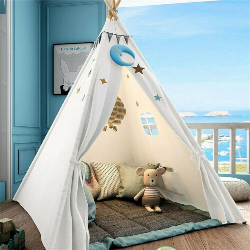 Large Pink Canvas Cotton Kids Teepee Tent Play House for Indoor Outdoor Games, Kids Foldable Play Tent Mascarry