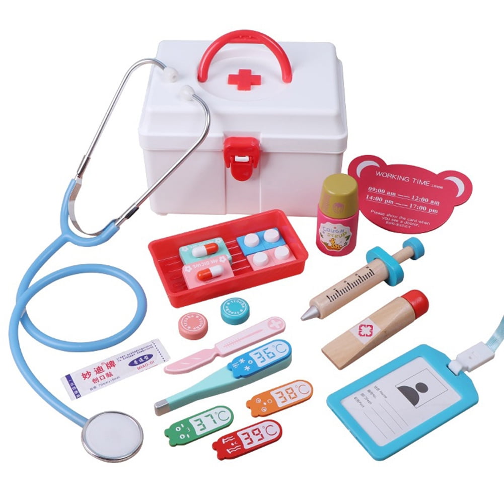 Temacd 17Pcs Wooden Pretend Play Doctor Medical Kit Tools Educational Kids Toy,Red Temacd