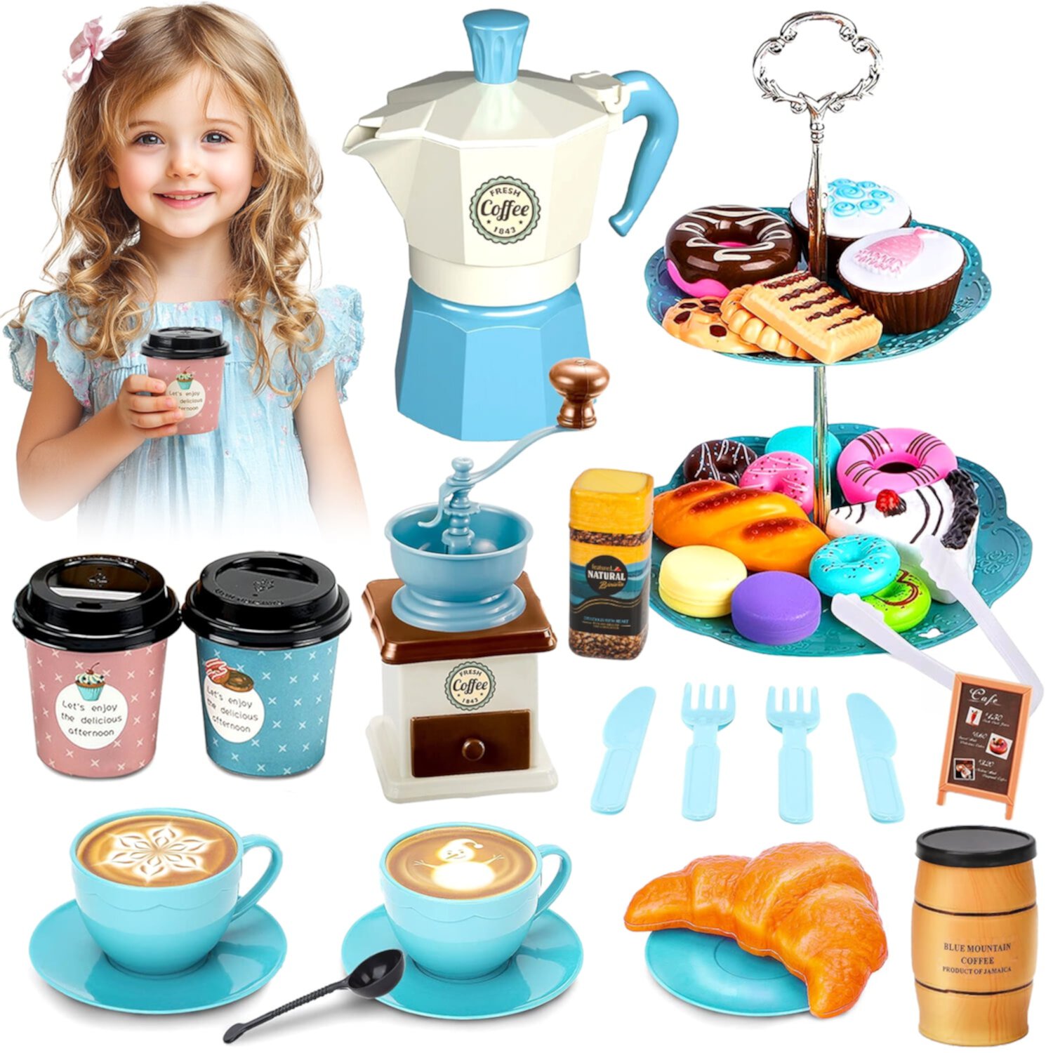 HopeRock Tea Party Set for Girls - 38 PCS Princess Pretend Play Girls Toy with Coffee Maker for Kids Age 3-6 - Birthday Christmas Gift for Girls 3 4 5 6 7 8+ HopeRock