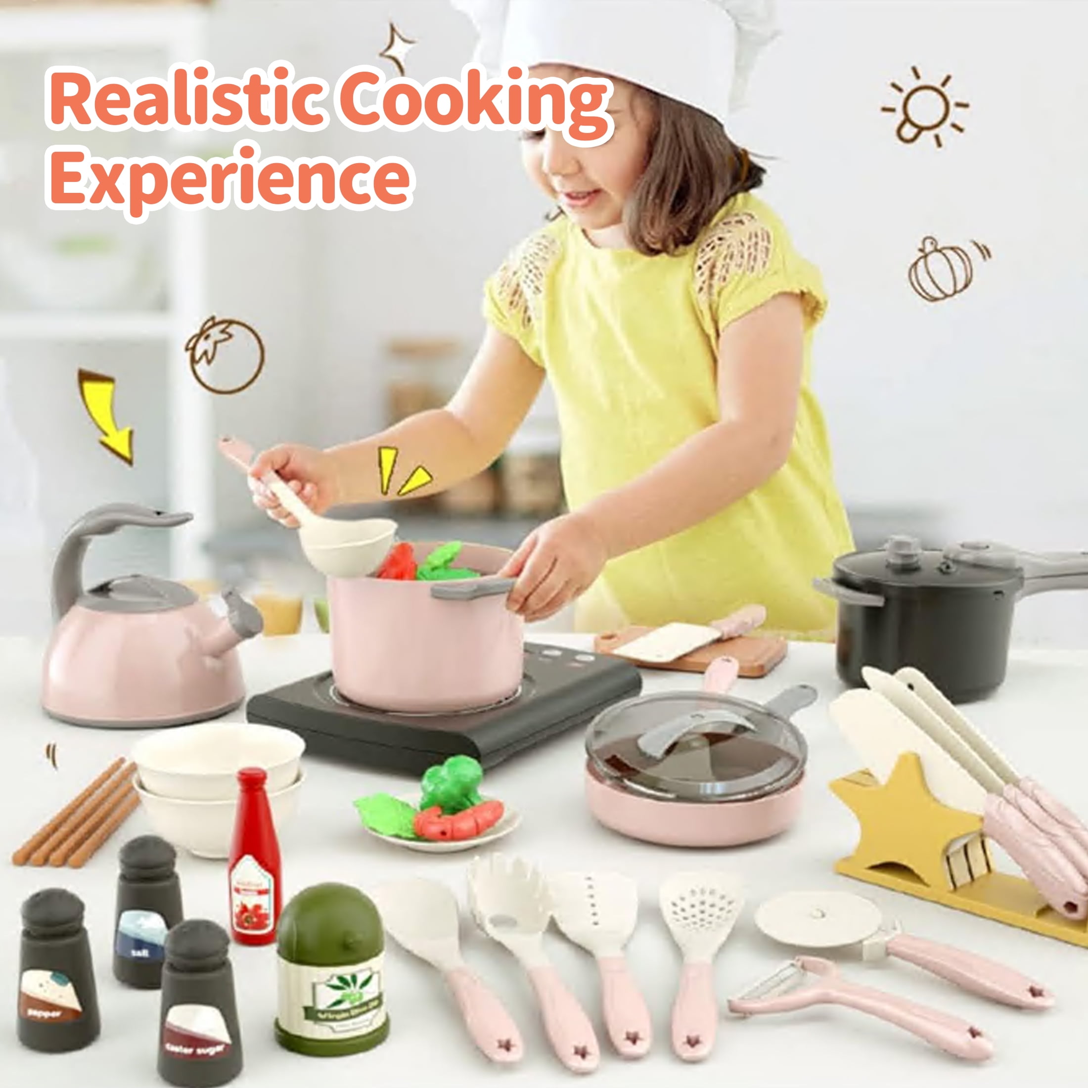 YoYFUN Kids Kitchen Toy Accessories, Kitchen Playset, Play Food, Pretend Cooking Toy set with Pots, Pans, Utensils Cookware Toys, Play Kitchen for Toddlers YoYFUN