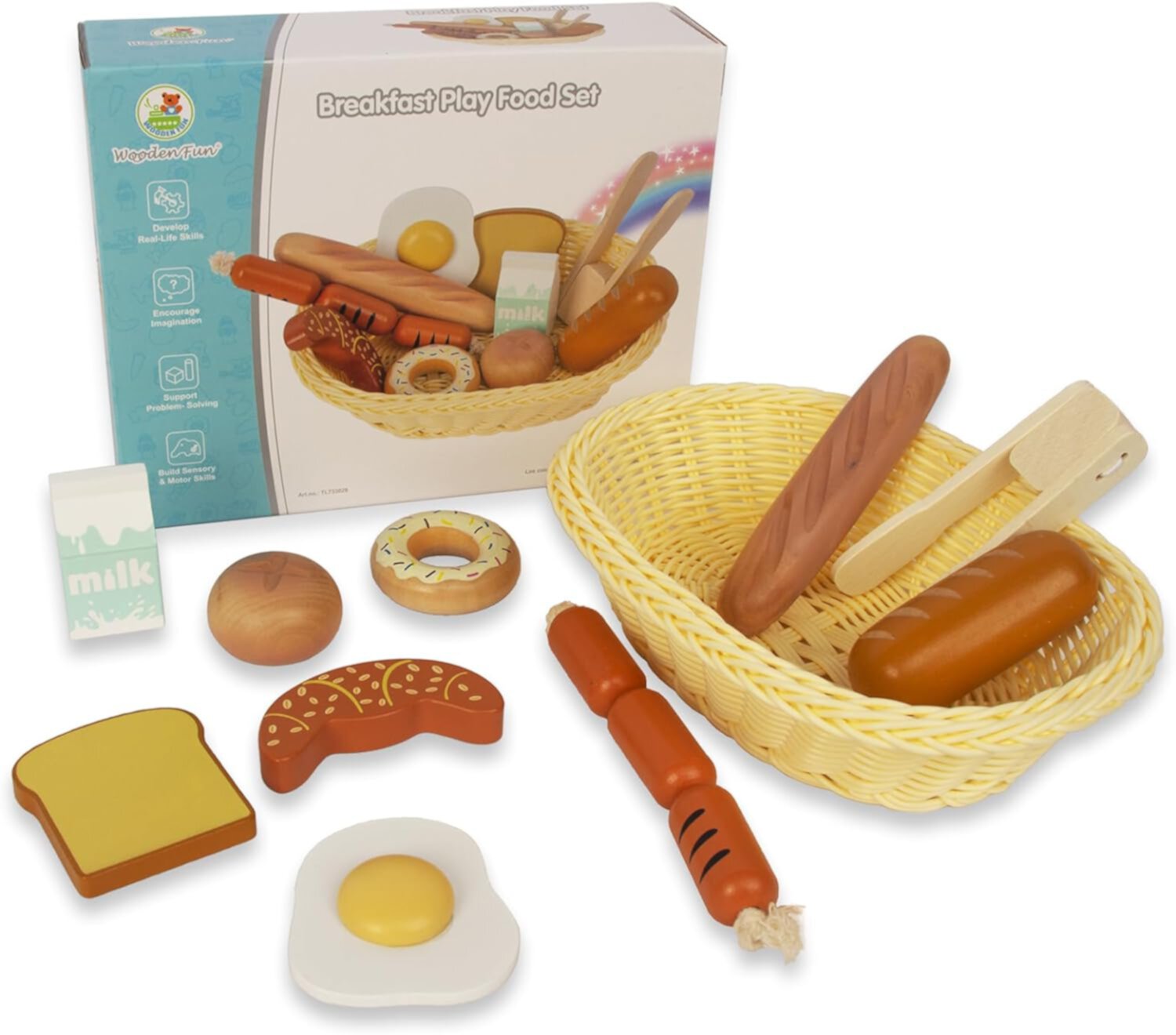 WOODENFUN Wooden Breakfast Toy Food Playset,Kids Pretend Play Food Kitchen Accessories with Storage Basket,Toddlers Fake Food Gift for Boys and Girls 2 Years Old Up WOODENFUN