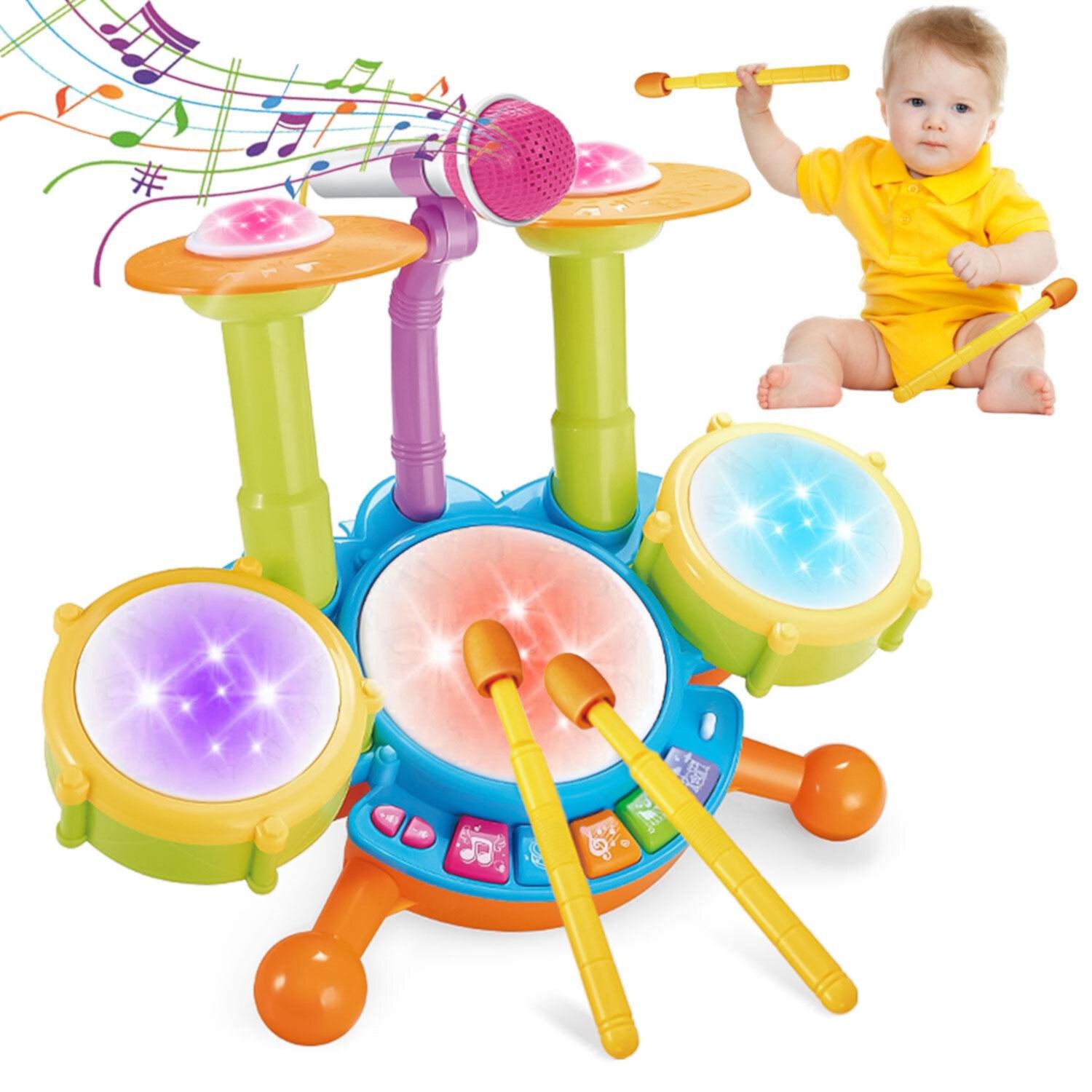 Kids Odyssey Drum Set for Toddlers 1-3, Kids Drum Set Musical Instruments with Microphone and Light Up Piano, Early Learning Instruments for Babies Boy Girl 6 12 18 Month Kid Odyssey