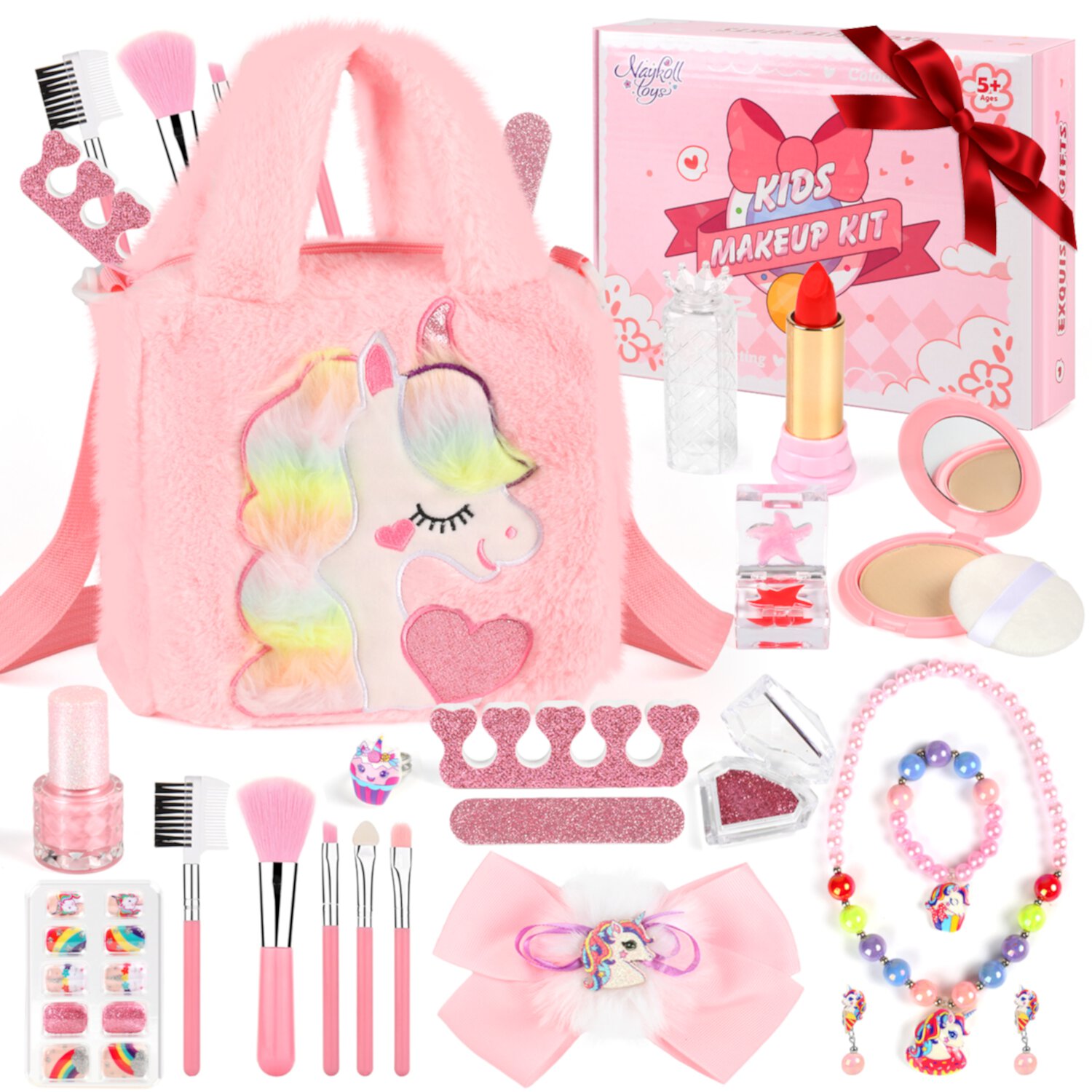 Flooyes Girls Unicorn Makeup Kit/Set with Makeup Bag, Little Girls Real Washable Makeup Kit for Kids 4-8-12 Toys, Pretend Play Princess Christmas/Birthday Gift for Kids Toddlers 3-6+ Years（Pink) Flooyes