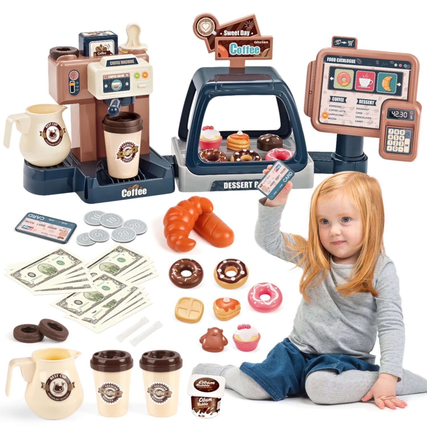 HopeRock Pretend Play Toys, 41 PCS Kids Coffee Maker Set with Toy Cash Register, Credit Card, Birthdays Christmas gift for girls ages 3-7 HopeRock