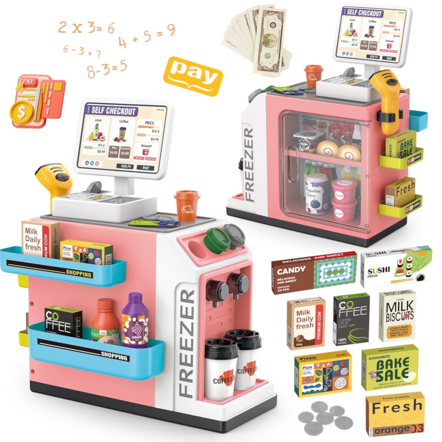 UUSUOO 46PCS Cash Register Playset for Kids,Cashier Register Toy,Kids Pretend Play Cash Register Toy with Scanner,Coffee Machine,Credit Cards,Play Food & Money,Christmas Toys for Kids 3-6,Pink UUSUOO