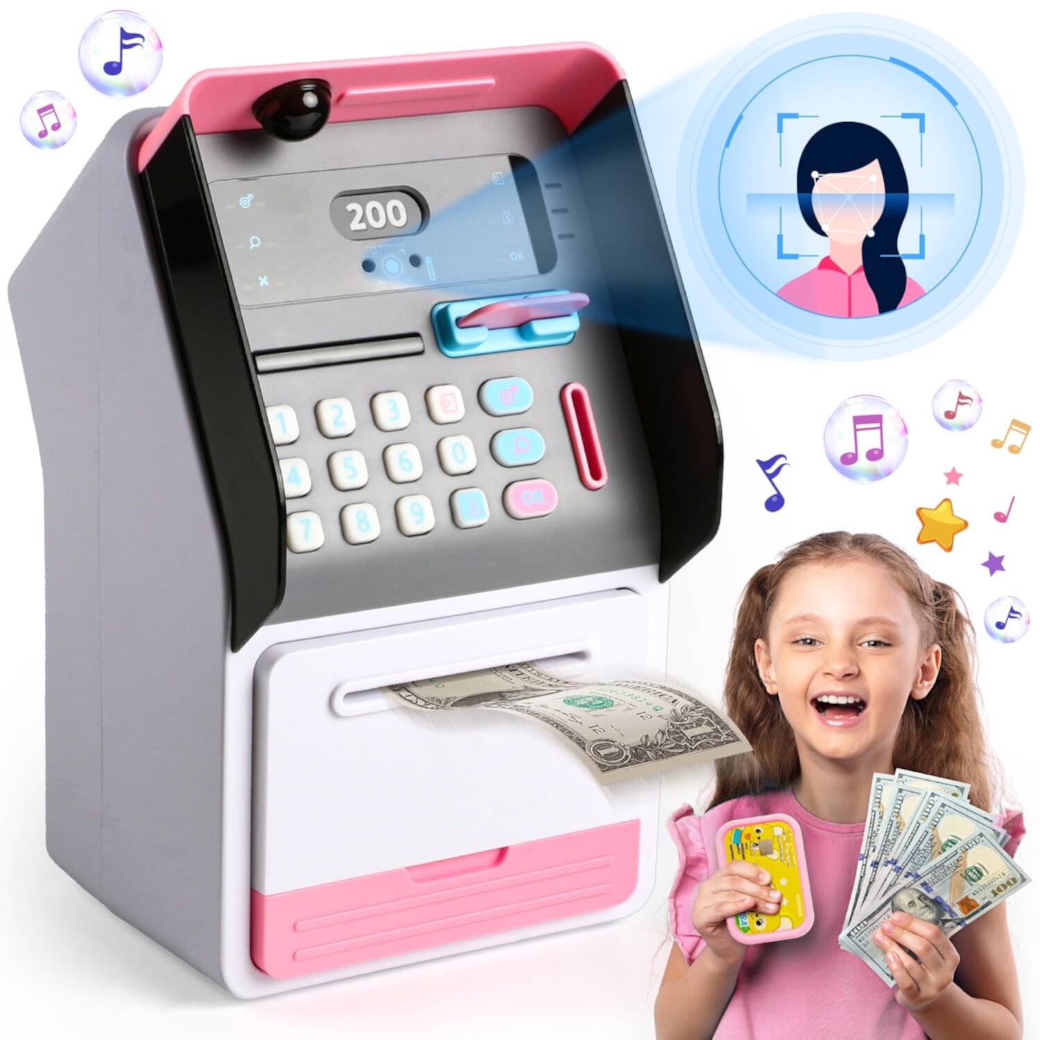 UUSUOO Electronic Piggy Bank for Kids,Mini ATM Bank for Kids with Password + Face Recognition,Auto Roll-in Cash Safe & Coin Saving Bank for Girls,Kids Piggy Bank Christmas Birthday Gifts for Kids 3+ UUSUOO