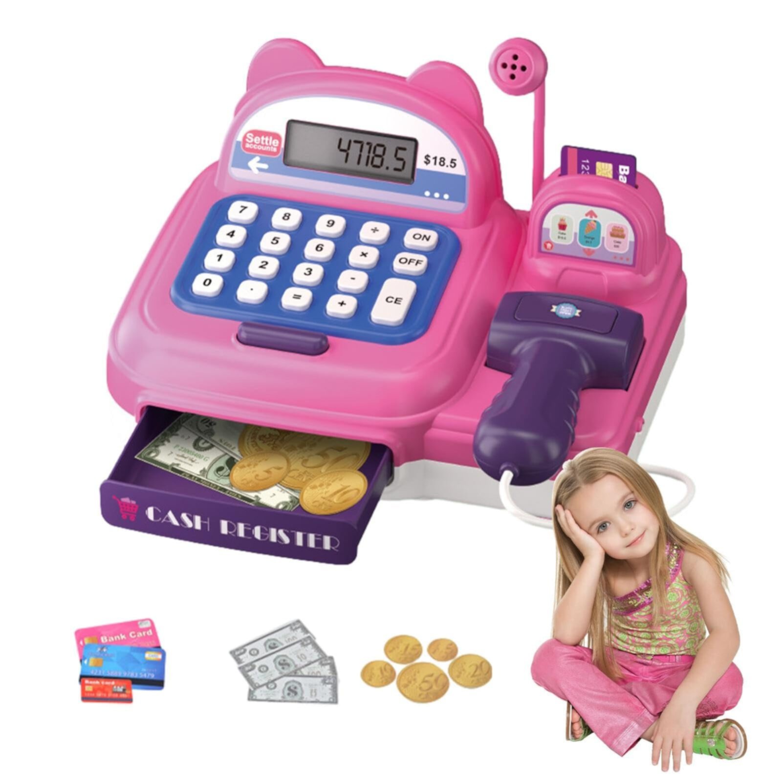 Apepal Toys for Girls Boys Cash Regi-ster Toy Set For Kids, Play Cash Regi-ster With Scanner And Calculator, Pretend Play Cash Regi-ster Toy For Children, Kids Cash Regi-ster Play Set ApePal