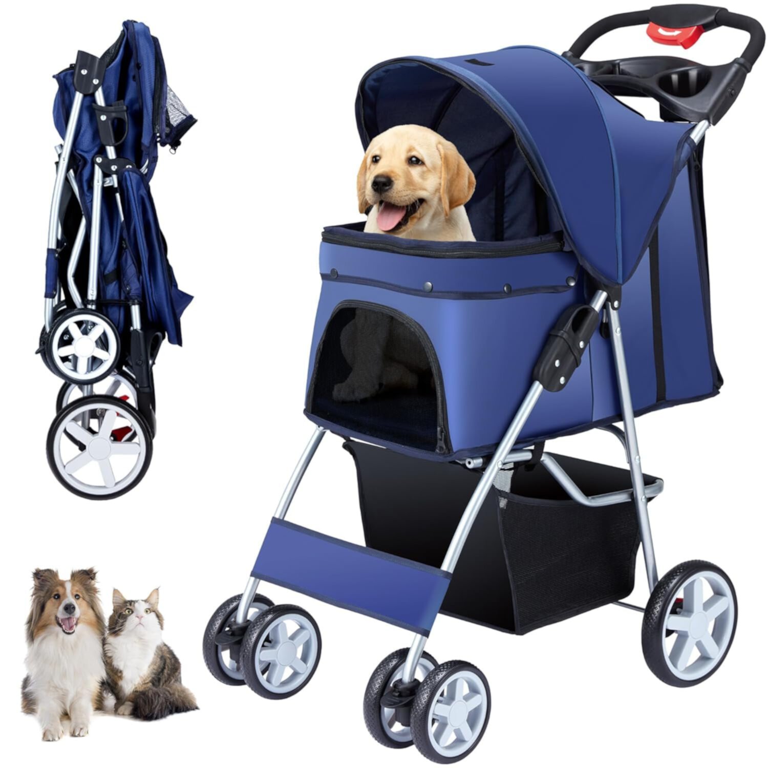 4 Wheels Pet Stroller for Small Medium Dogs Cats 33 lbs, Breathable Foldable Jogger Stroller with Storage Basket, Travel Puppy Stroller for All-Season, Move Pad & Protective Lock, Navy Blue Z&X