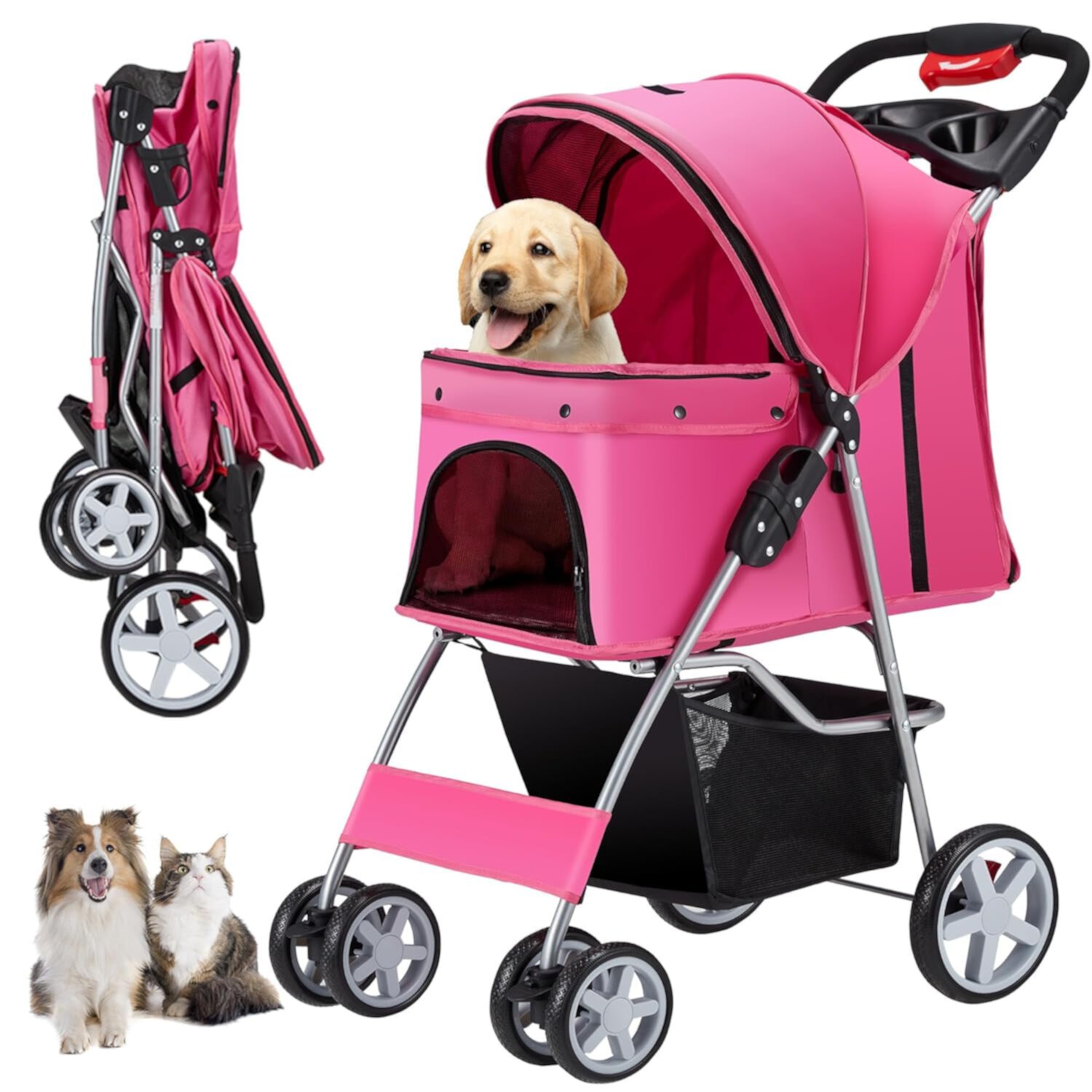 4 Wheels Pet Stroller for Small Medium Dogs Cats 33 lbs, Breathable Foldable Jogger Stroller with Storage Basket, Travel Puppy Stroller for All-Season, Move Pad & Protective Lock, Pink Z&X