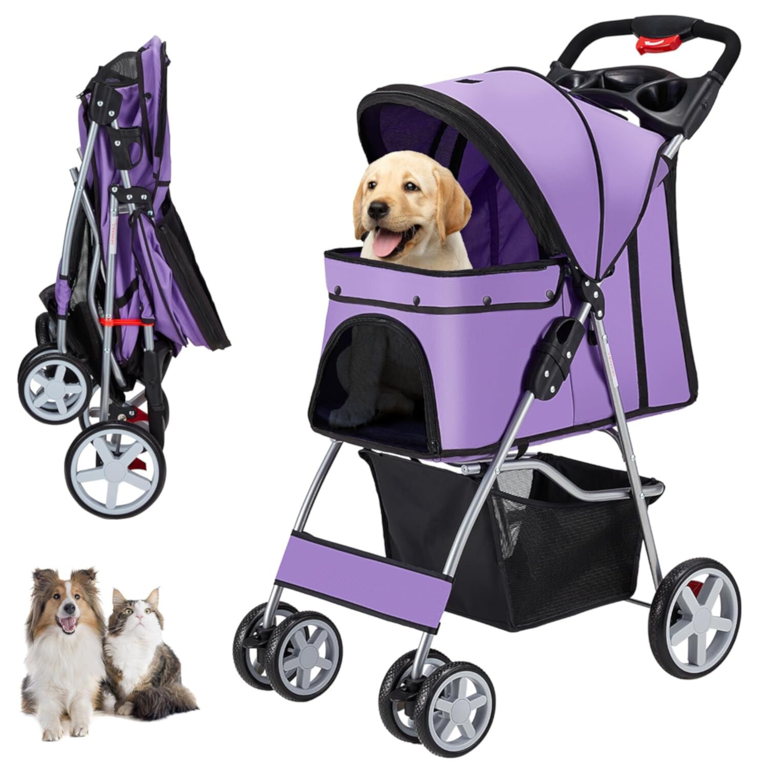 4 Wheels Pet Stroller for Small Medium Dogs Cats 33 lbs, Breathable Foldable Jogger Stroller with Storage Basket, Travel Puppy Stroller for All-Season, Move Pad & Protective Lock, Purple Z&X