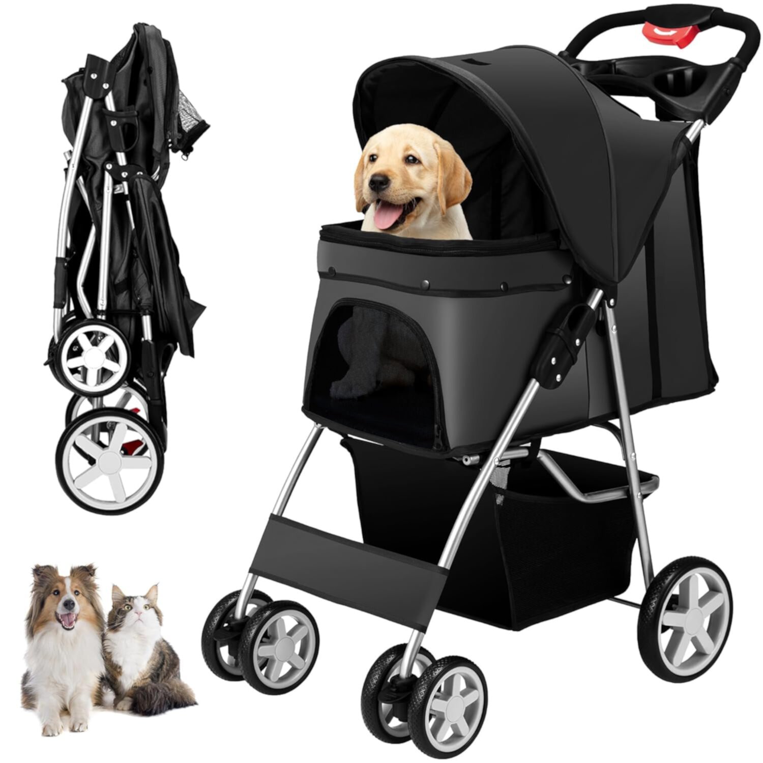 4 Wheels Pet Stroller for Small Medium Dogs Cats 33 lbs, Breathable Foldable Jogger Stroller with Storage Basket, Travel Puppy Stroller for All-Season, Move Pad & Protective Lock, Black Z&X