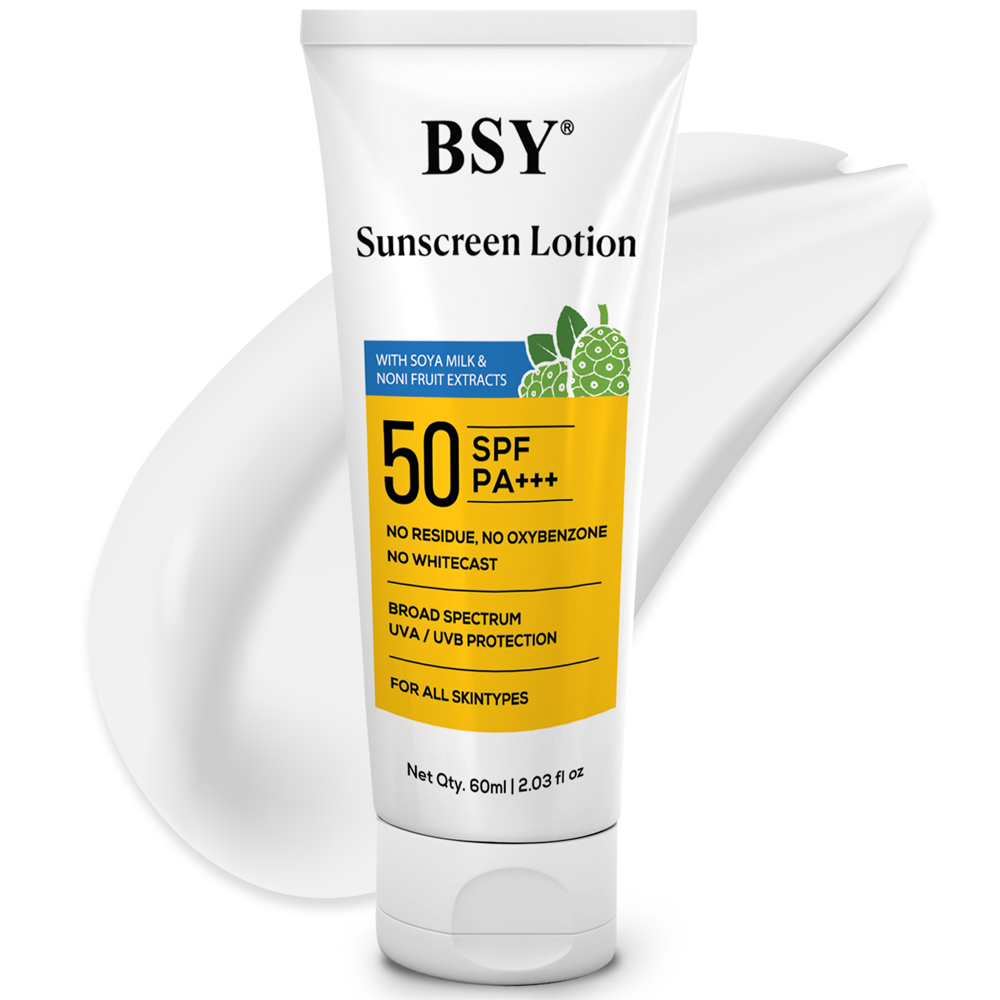 BSY Noni Sunscreen Lotion | SPF 50 PA+++ | Noni and Soy Milk Extract | No White Cast | Broad Spectrum UVA/UVB | For All Skin Types | For Women & Men, 60ml (2.03 fl oz) BSY