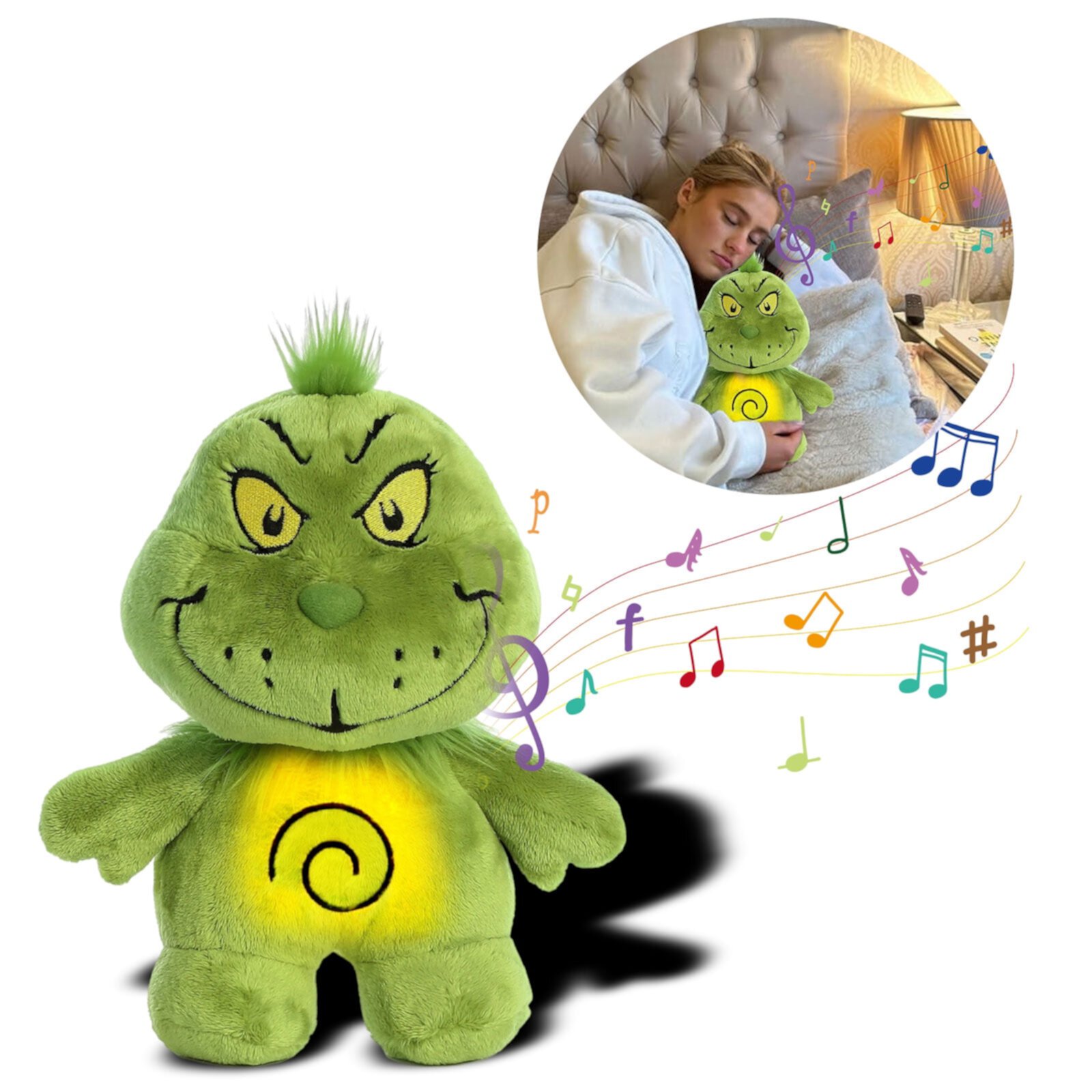 Grinch Soothing Plush Toys with Music Lights, Grinch Calming Relief Plush Dolls, Christmas Gifts, Grinch Teddy Bear Plush, Rhythmic Breathing Motion, Breathing Stuffed Animal Plush, Baby Sleep Aid Yubatuo