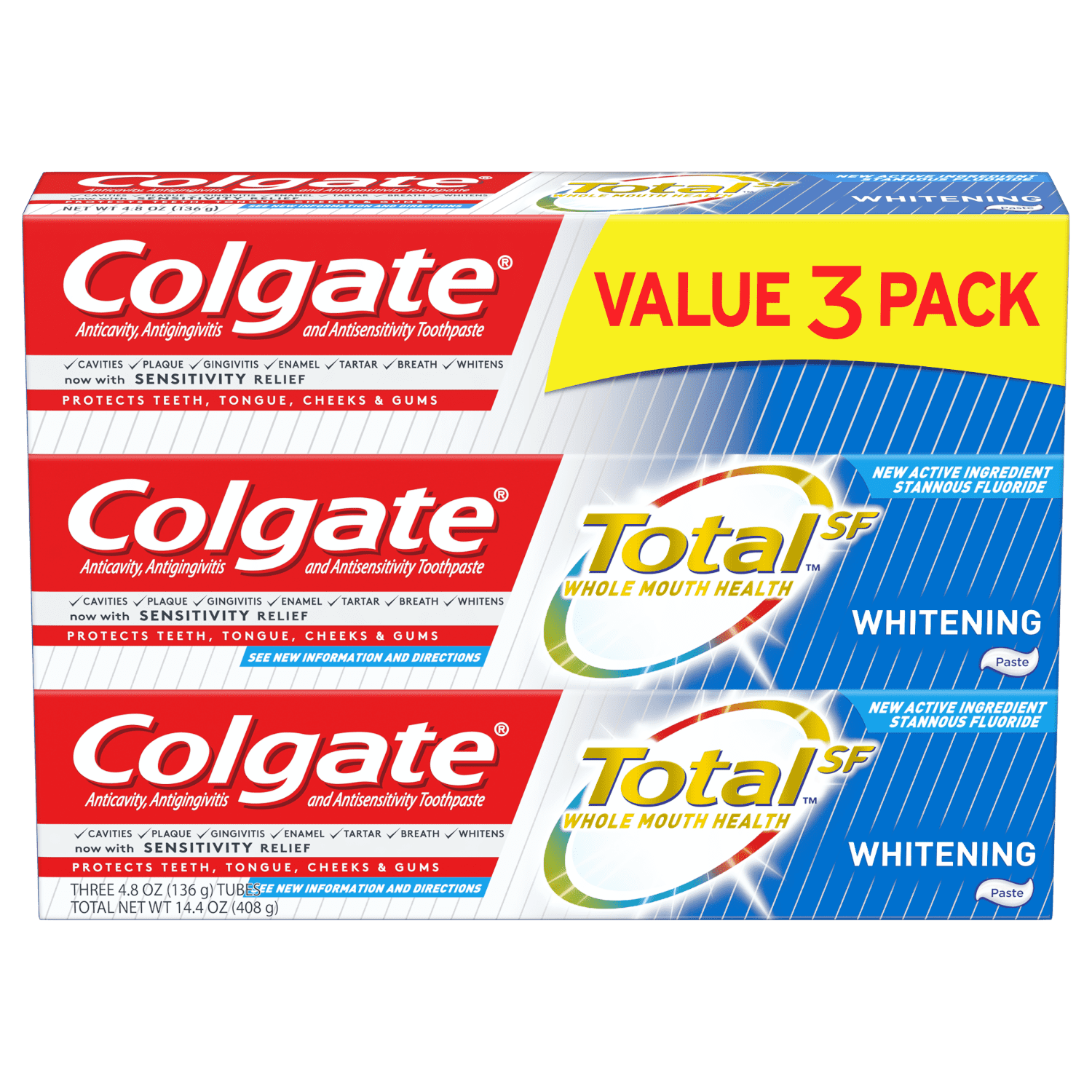 Colgate Total Whitening Toothpaste with Fluoride, Multi Benefit Toothpaste with Sensitivity Relief, 4.8 Oz, 3 Ct Colgate