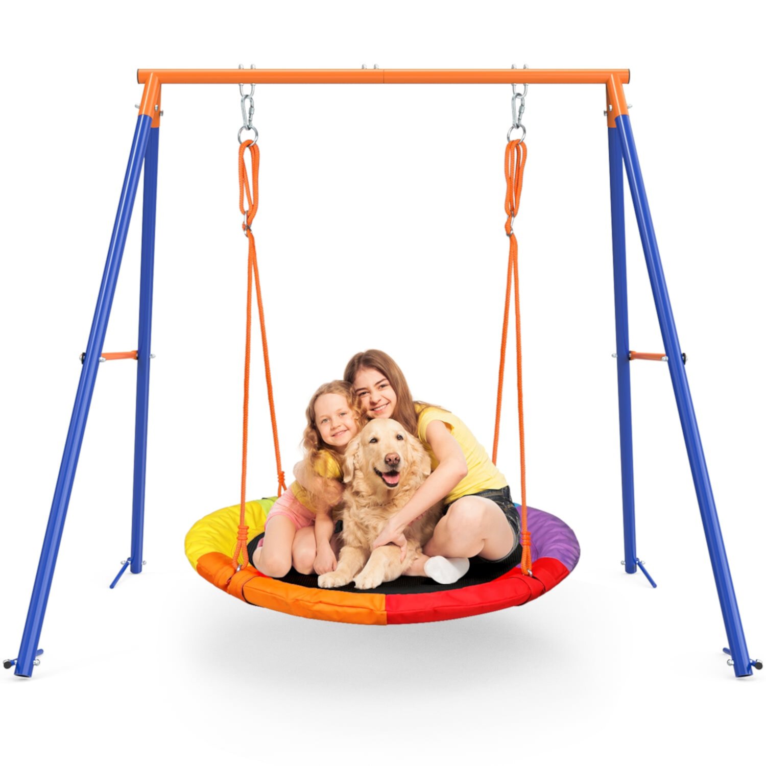 GIKPAL Swing Sets for Outside 440lbs Swing Set for 2-3 Kids Outdoor with Heavy-Duty Metal Frame & Adjustable Ropes Round Swing, Rainbow GIKPAL