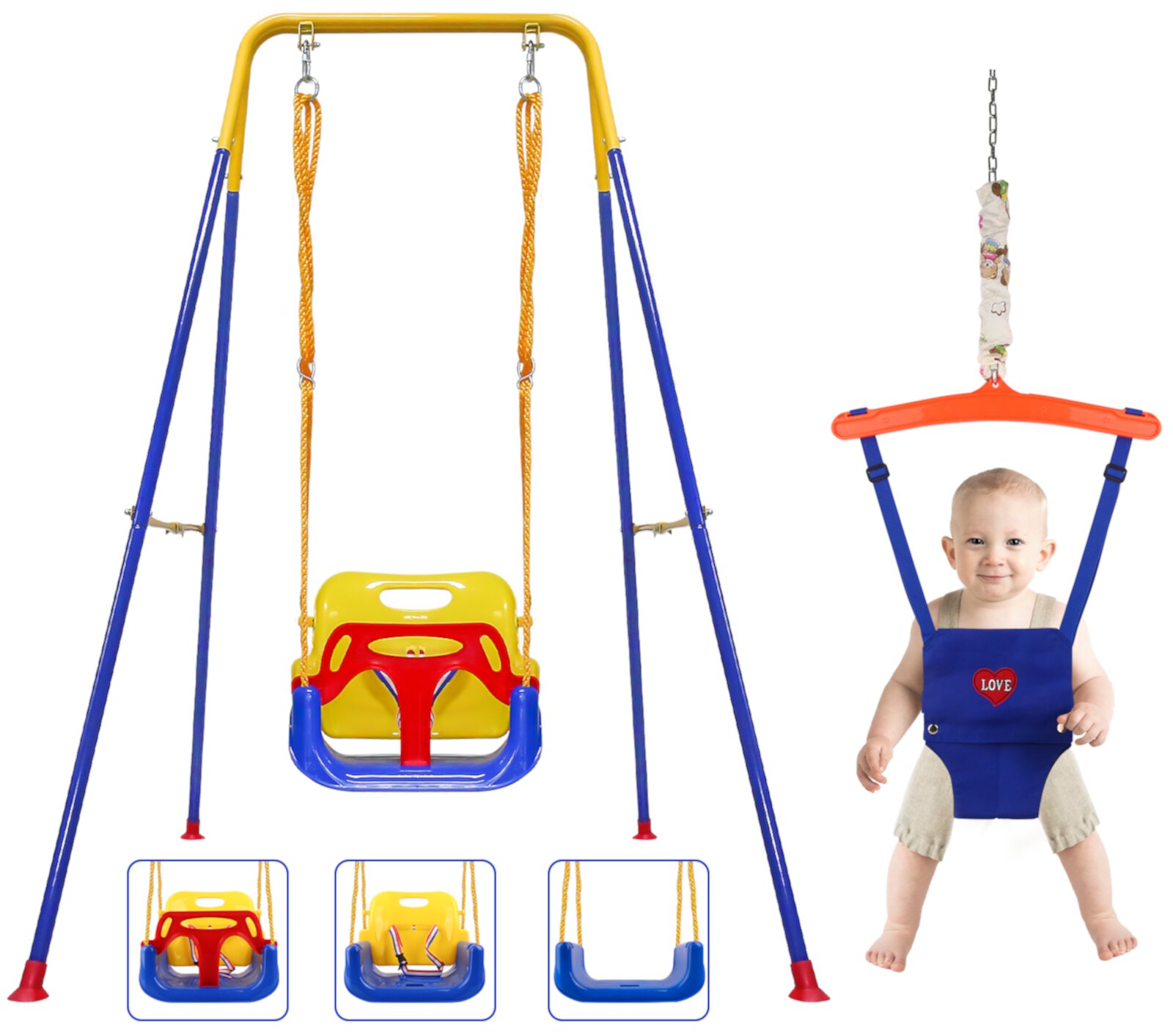 VIRNAZ 2-in-1 Toddler Swing Set and Baby Jumper Backyard Outdoor Indoor for Kid Children, Safety Bouncer Seat and Foldable Metal Swing Stand VIRNAZ