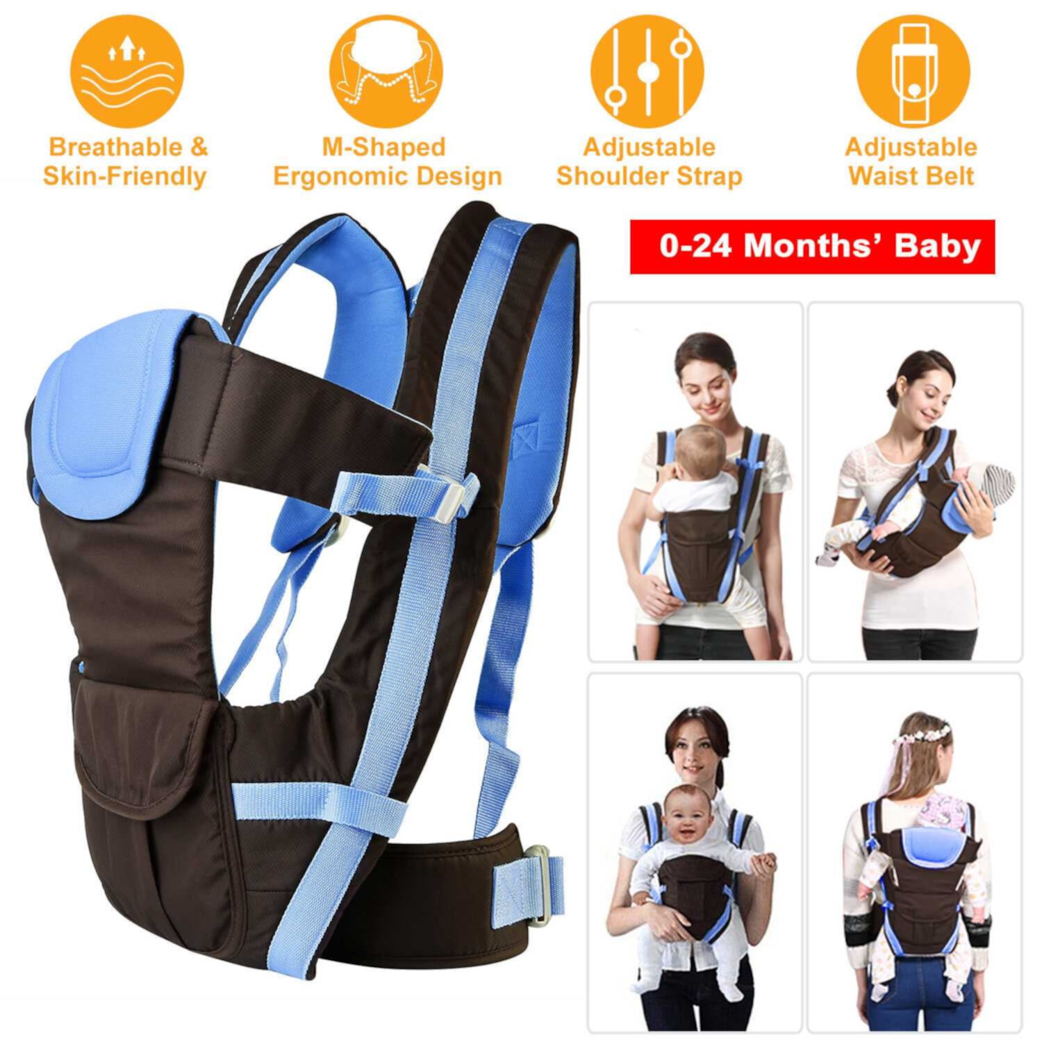 Moclever Baby Carrier Adjustable Breathable Baby Wrap Front Back Chest Infant Carrier Bag for 0-24 Months Baby, Blue Moclever