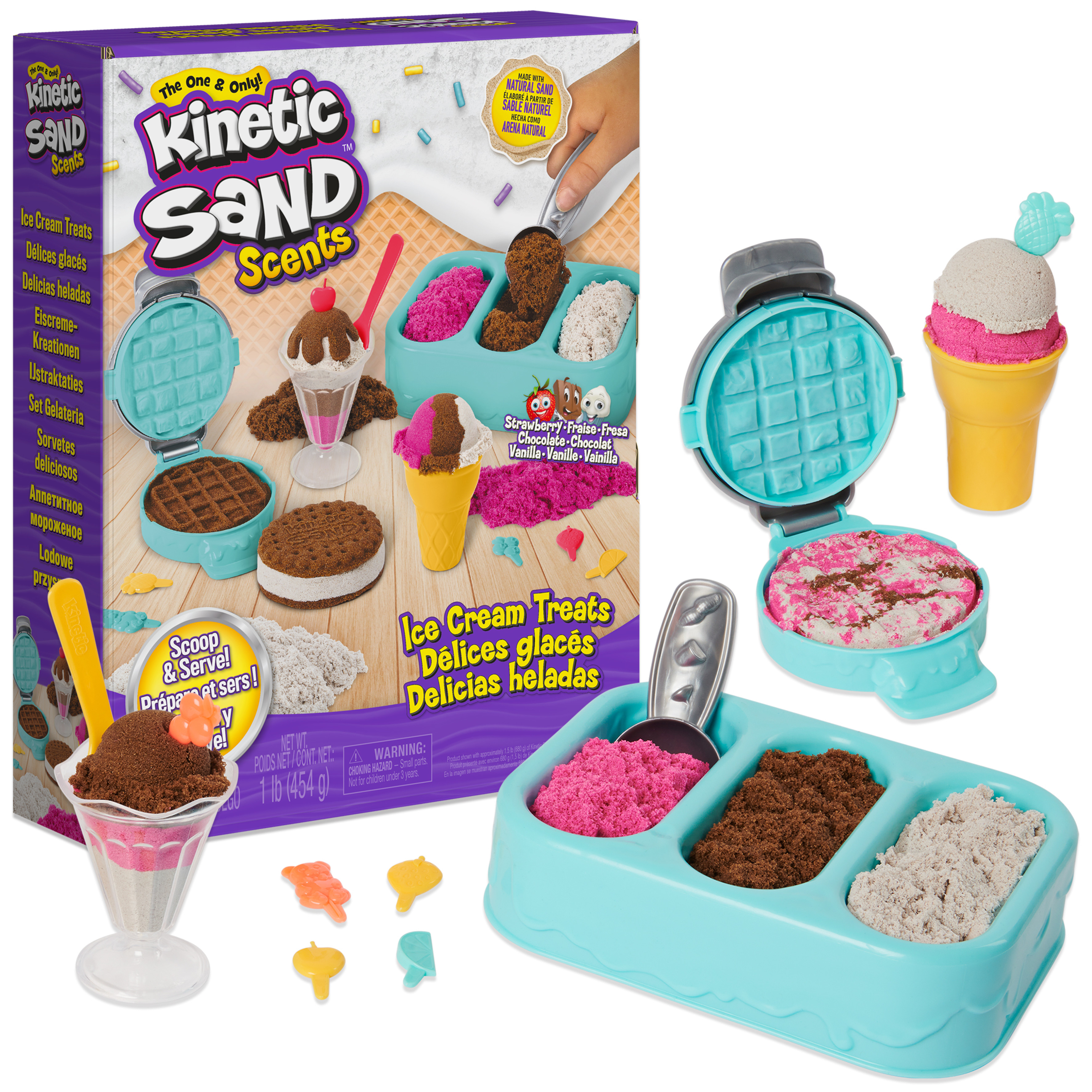 Kinetic Sand Scents, Ice Cream Treats Playset with 3 Colors of All-Natural Scented Play Sand and 6 Serving Tools, Sensory Toys for Kids Ages 3 and up Kinetic Sand