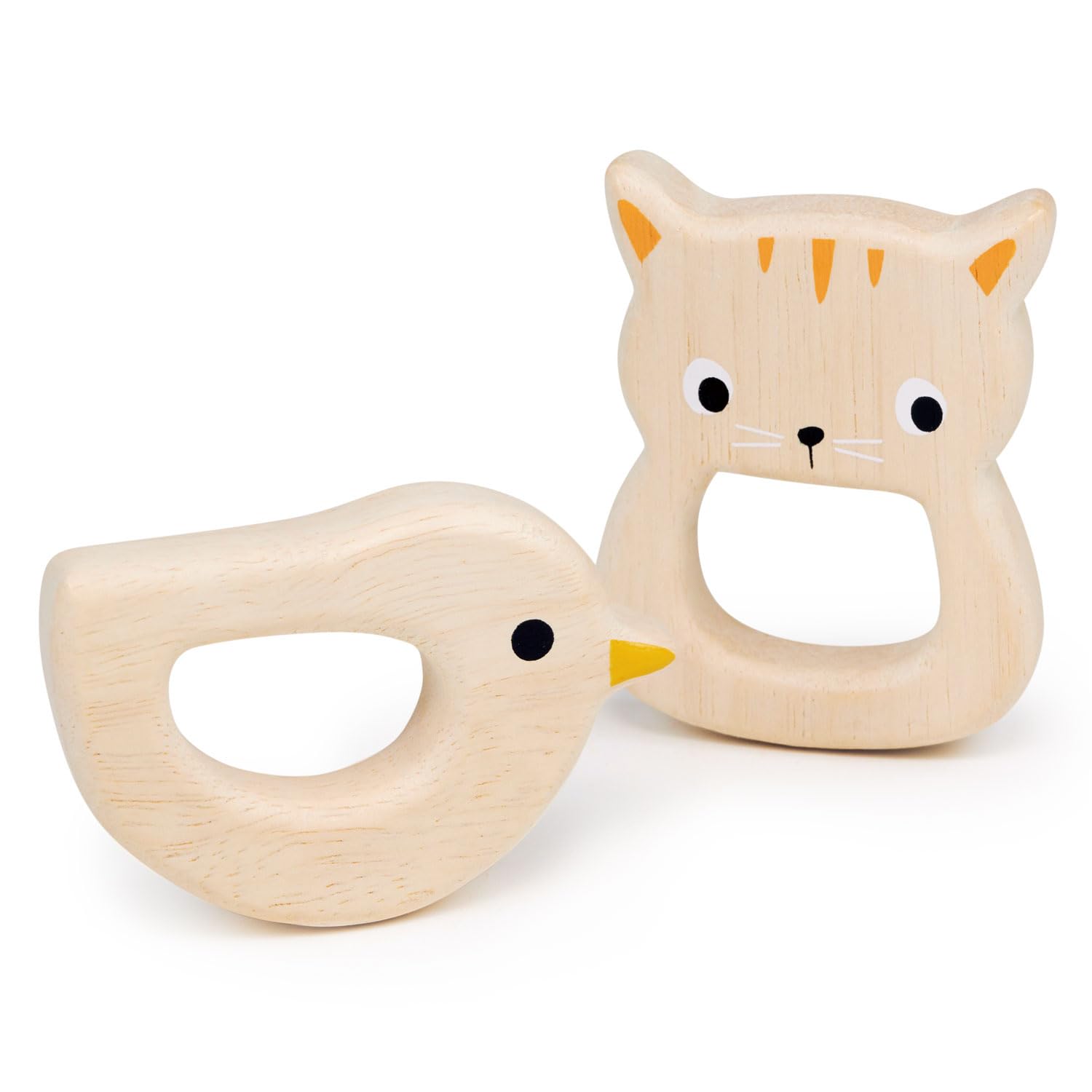 Mentari Toys - Bird &/and Kitten Teethers - 2pc Wooden Teething Toys for Babies - Natural Wood Animal Teething Ring, Chew Toy - Soothes Sore Gums - Develops Hand-Eye Coordination - Age 4m+ Mentari