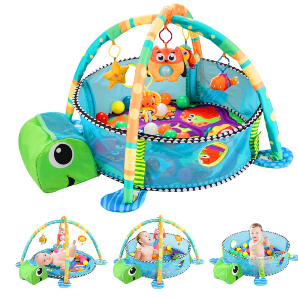 Baby Play Mat, 3 in 1 Baby Play Gym Activity Mat, with Hanging Toys and Ocean Balls, for Infants Toddlers, Blue Turtle Novashion