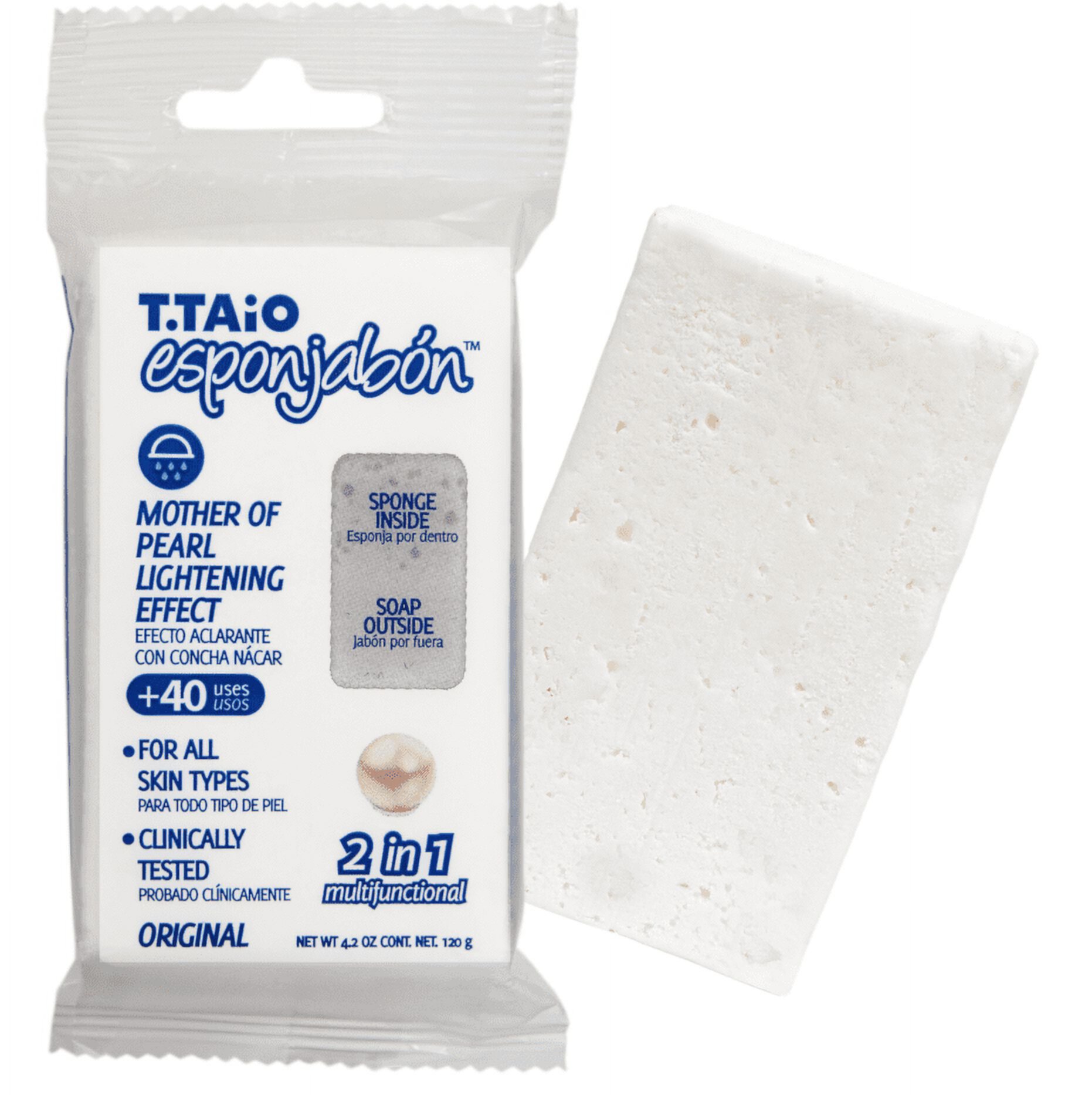 T. Taio Esponjabon Soap Bar with Sponge Inside, 2 in 1, White Mother of Pearl, Adult, 3 Pack T. Taio