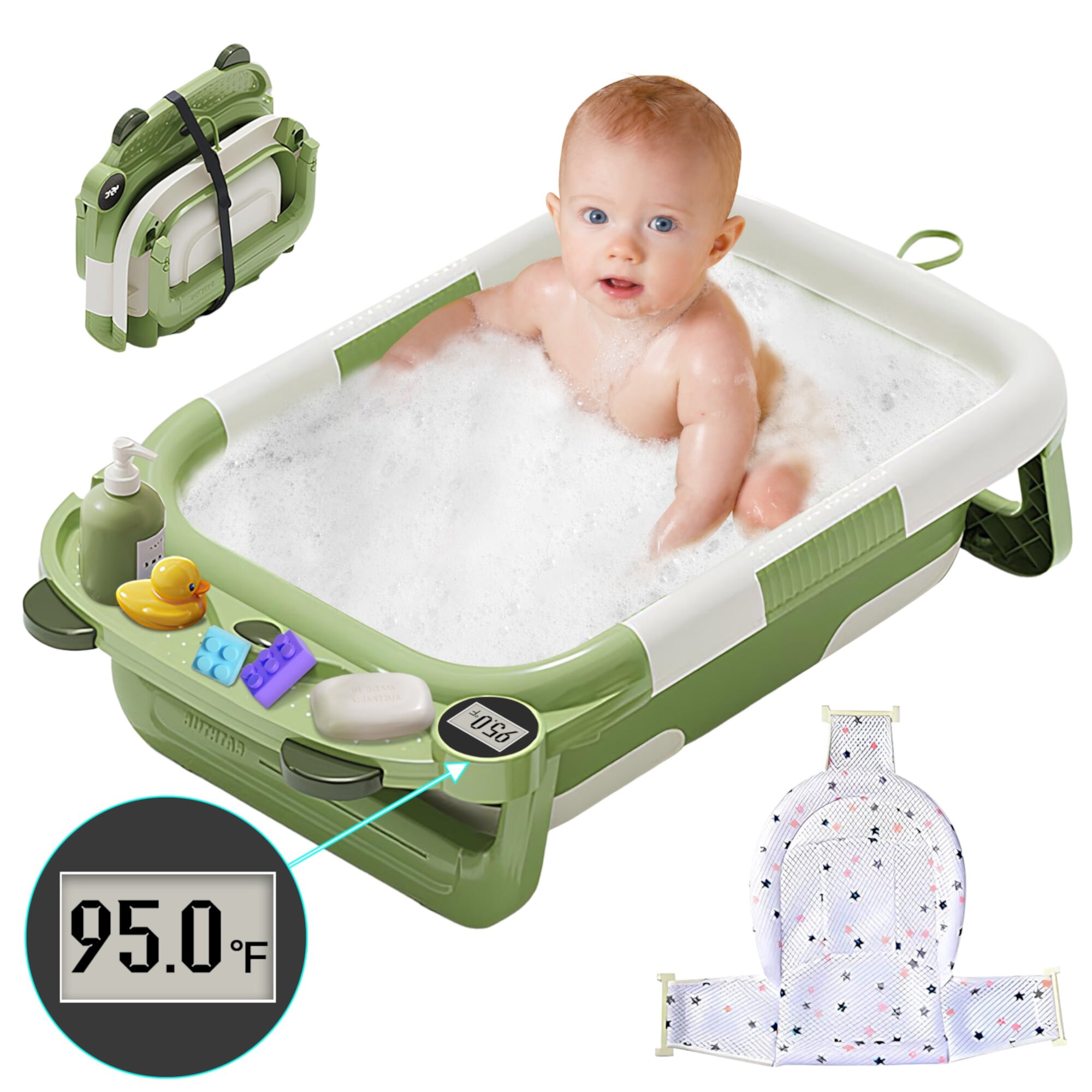 RICHYOUNG Foldable Baby Bathtub, Portable Bath Tub with Thermometer & Mesh Mat for Infant to Toddler,Green RICHYOUNG