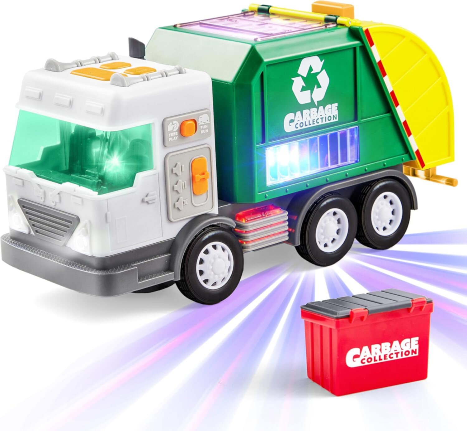 SYNCFUN LED Garbage Truck Toy Set Includes Dumpster, Toy Truck with Mode Switch & Volume Control, Automatic Bump & Go Car SYNCFUN