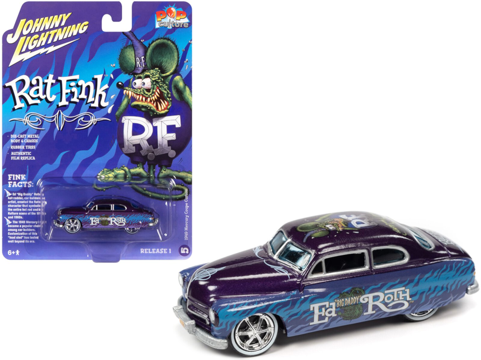 1949 Mercury Coupe Custom Purple Metallic with Graphics "Rat Fink" "Pop Culture" 1/64 Diecast Model Car by Johnny Lightning Johnny Lightning