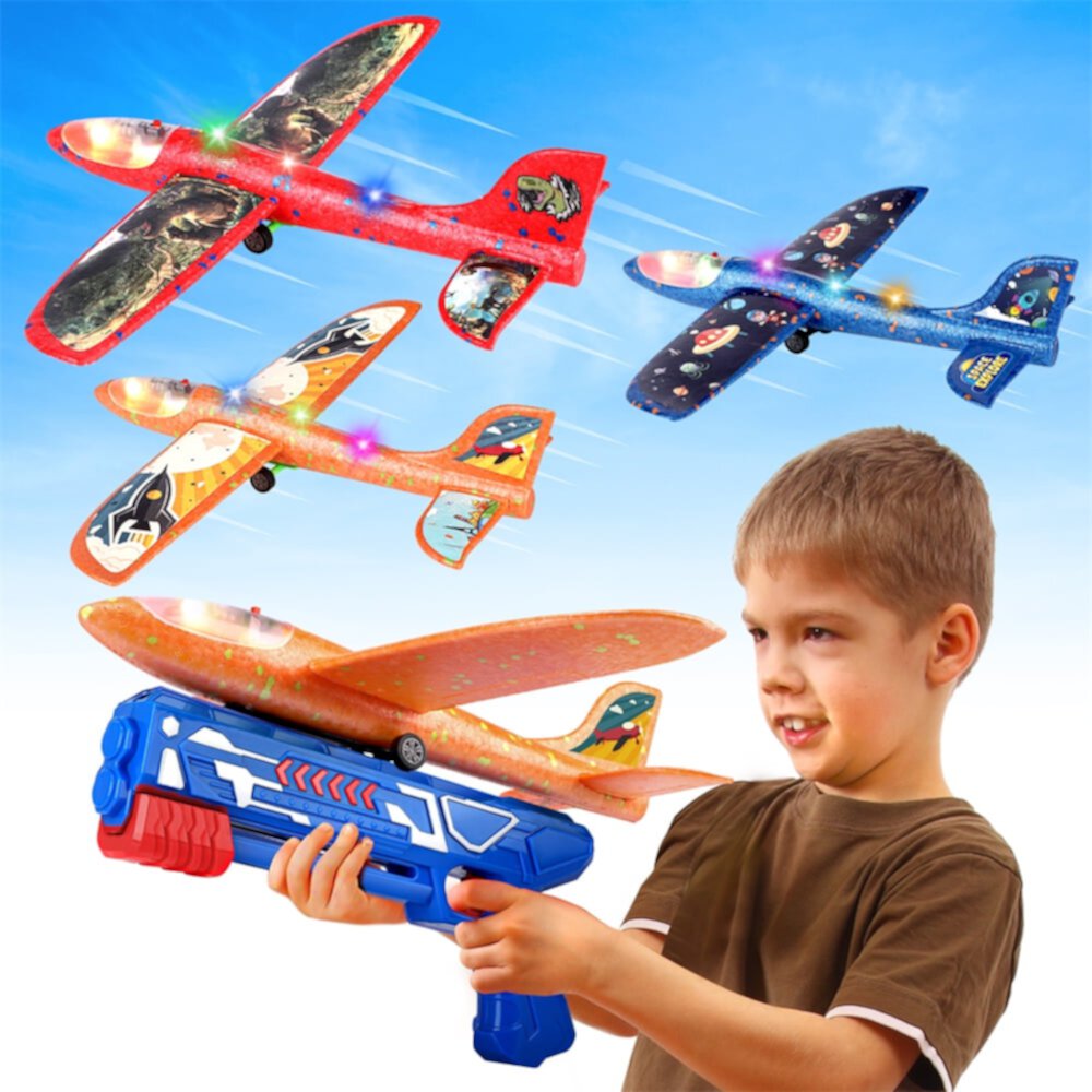 Wupuaait 3 Pack Catapult Airplane with Stickers, LED Lights and Launcher Xmas Gifts for 4-12 Kids, Red&Orange&Blue Wupuaait