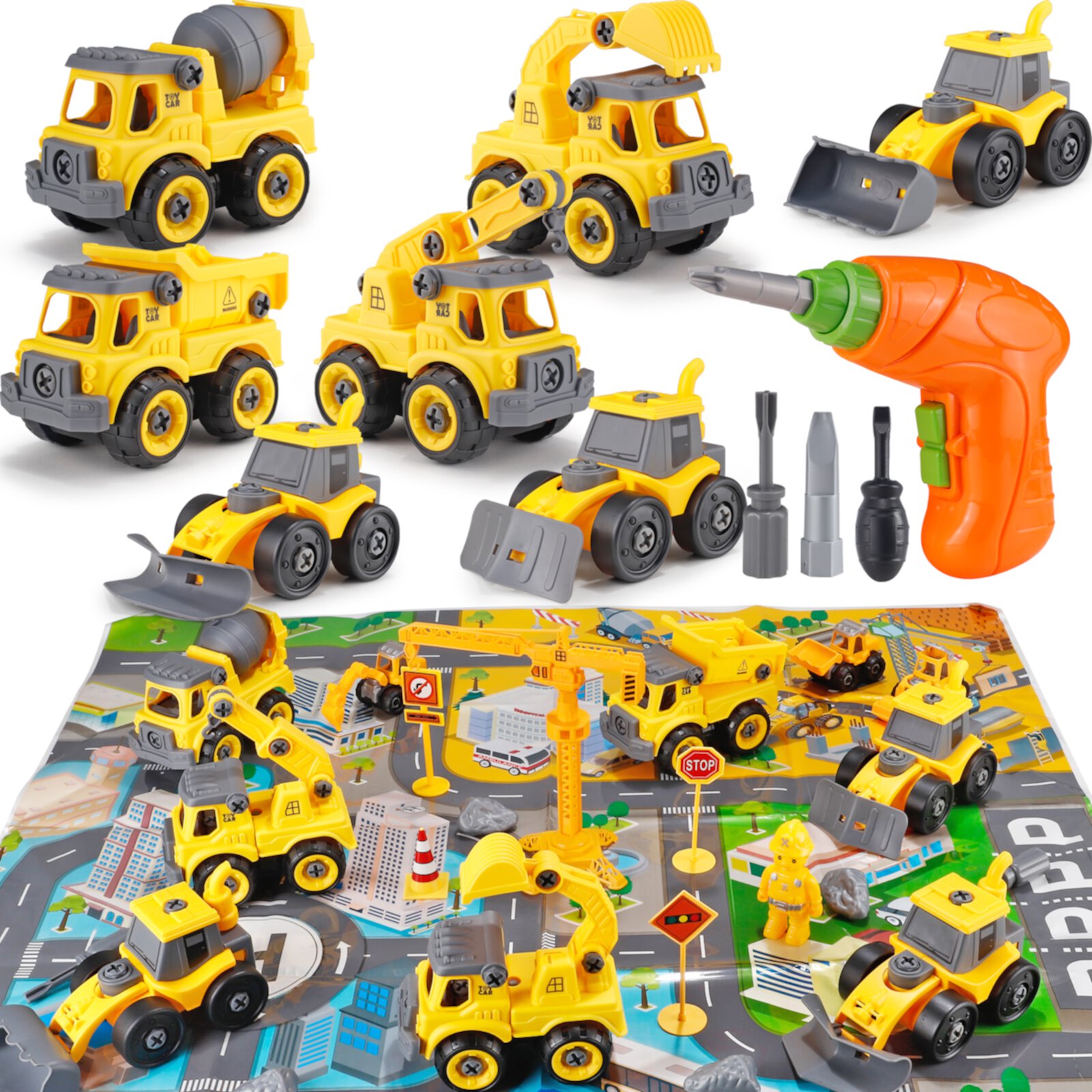 STEM Take Apart Construction Truck Set 12 Vehicles Boy Toys with Electric Drill, Map, Road Signs, Kids DIY Engineering Building Toy Age 3 4 5 6 NETNEW