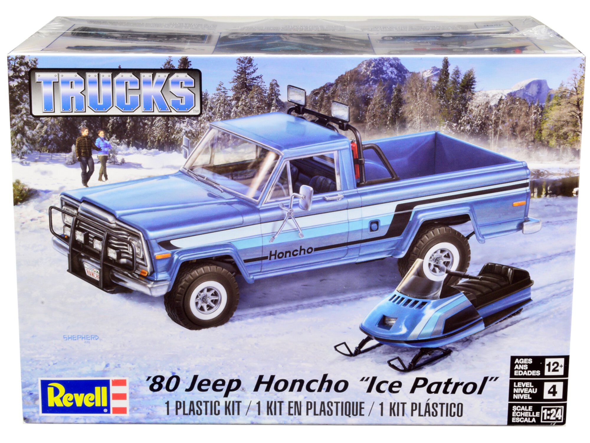 Level 4 Model Kit 1980 Jeep Honcho Pickup Truck "Ice Patrol" with Snowmobile 1/24 Scale Model by Revell Revell