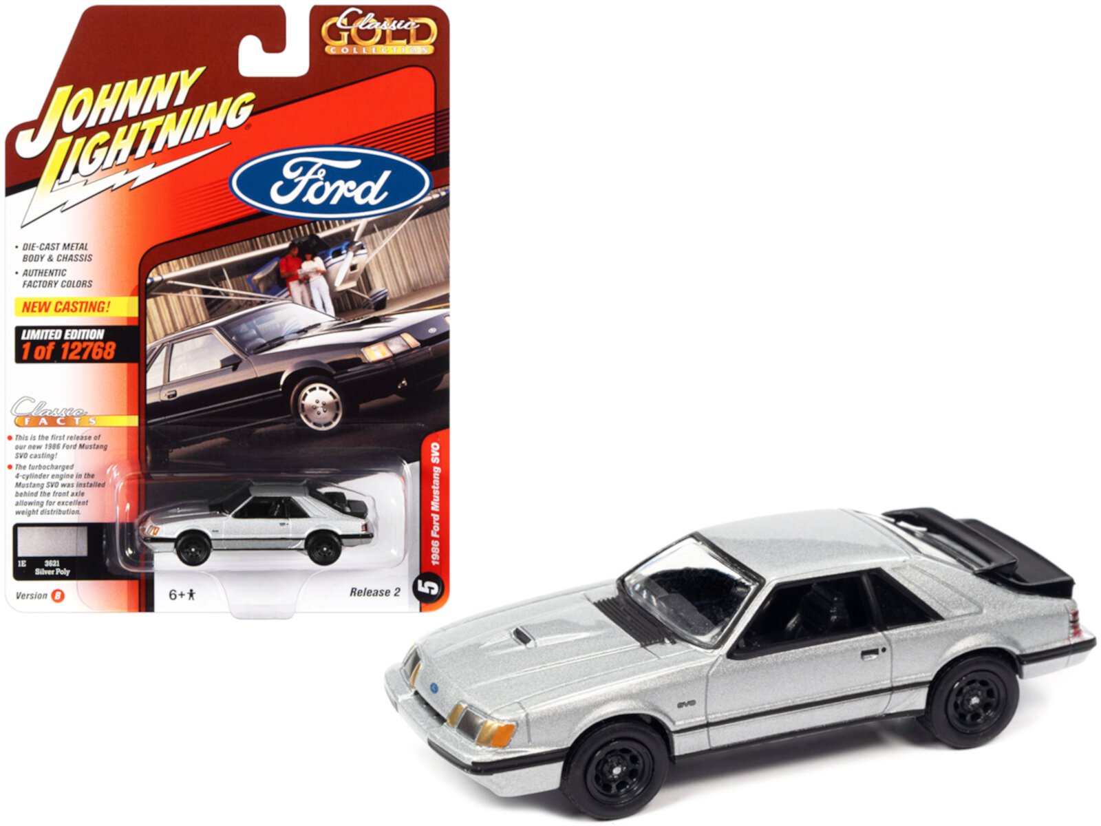 1986 Ford Mustang SVO Silver Metallic with Black Stripes Limited Edition to 12768 pcs 1/64 Diecast Model Car by Johnny Lightning Johnny Lightning