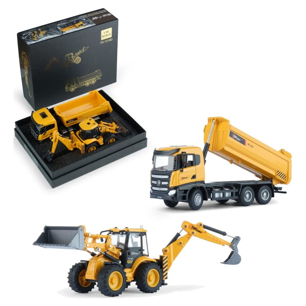 Top Race Diecast Set of Dump Truck and Excavator Toy with Backhoe ┃Wonderful Easter gifts for 2 yr old boy ┃ Construction trucks for boys and kids ┃Realistic yellow vehicles also for toddler Top Race