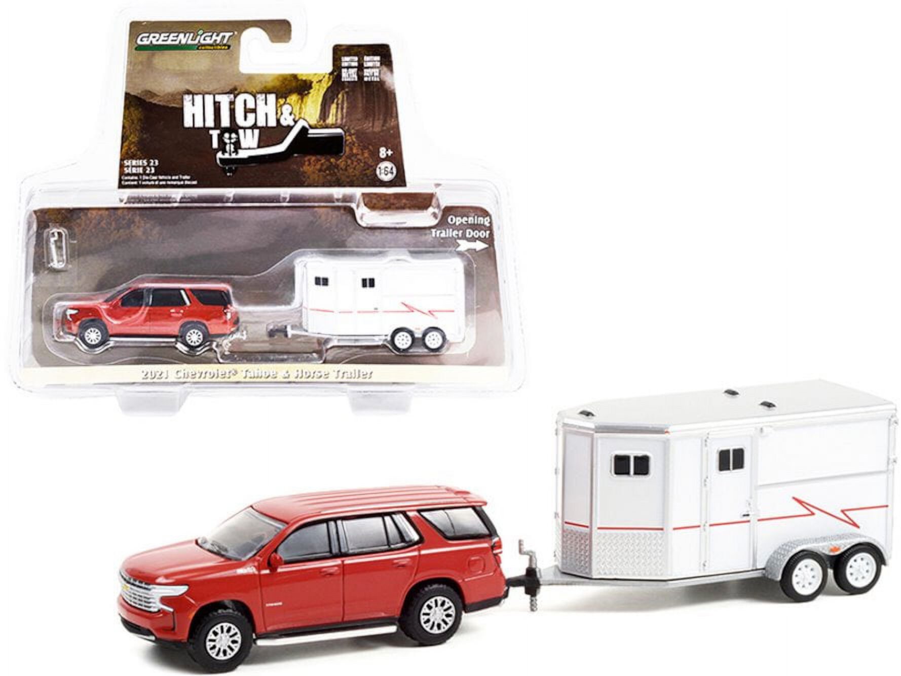 2021 Chevy Tahoe with Horse Trailer, Cherry Red - Greenlight 32230C/24 - 1/64 scale Diecast Model Toy Car Greenlight