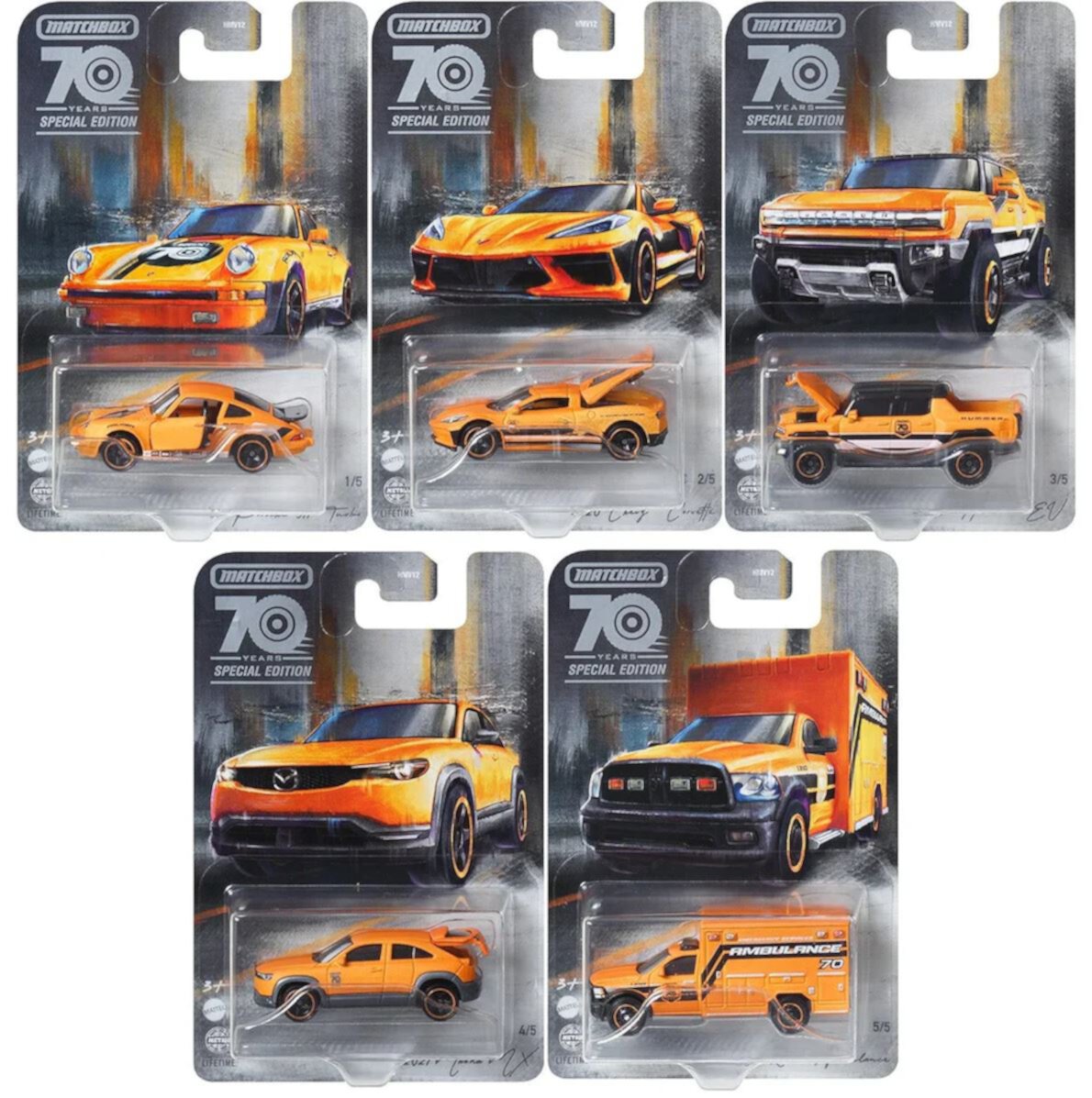 Matchbox 2023 "70th Anniversary" Moving Parts Set of 5, 1/64 Diecast Car Matchbox