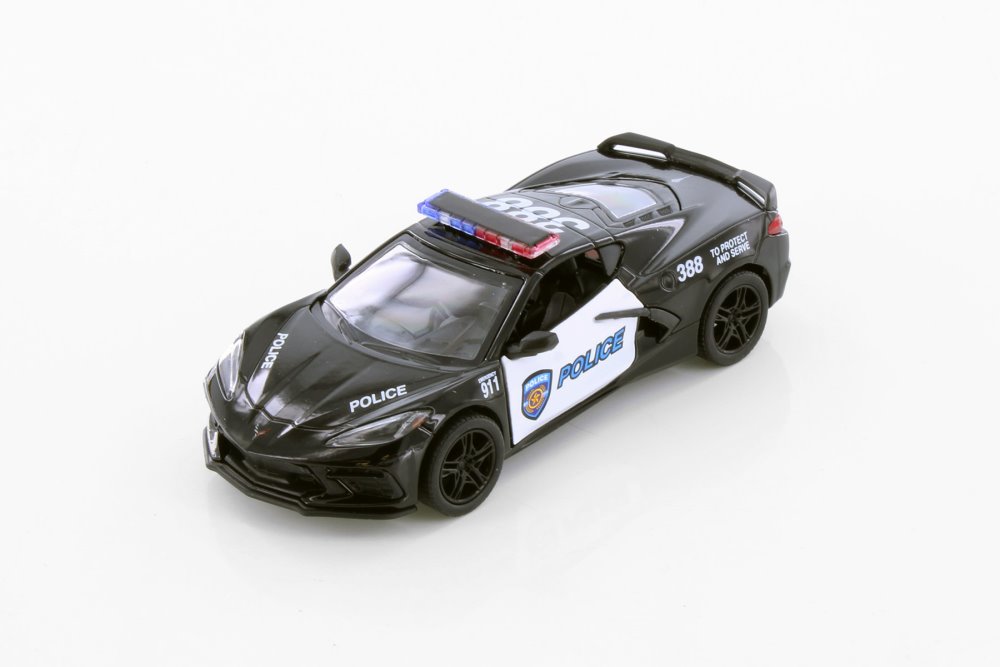 2021 Chevy Stingray C8 Police Edition, Black/White - Kinsmart 5432DP - 1/36 Scale Diecast Car KiNSMART