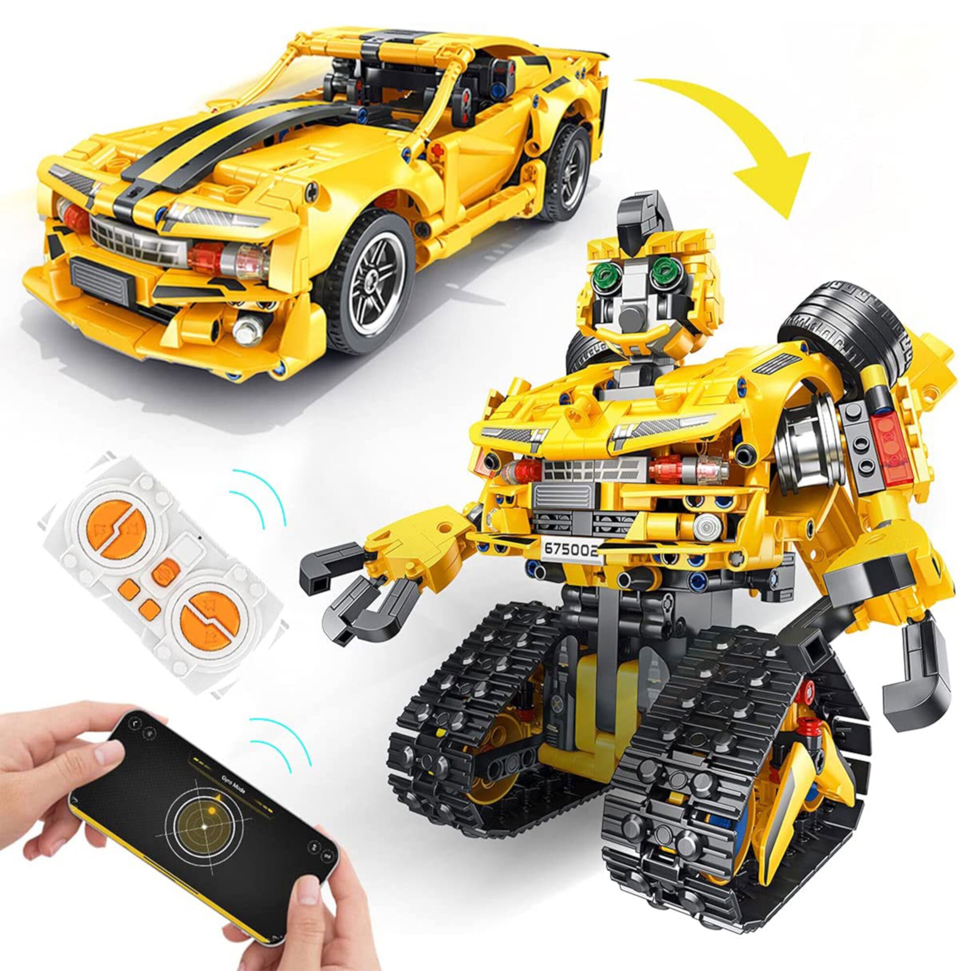 PANLOS 2 in 1 Programmable Remote Control Car Robot Toy Playset, Yellow Panlos