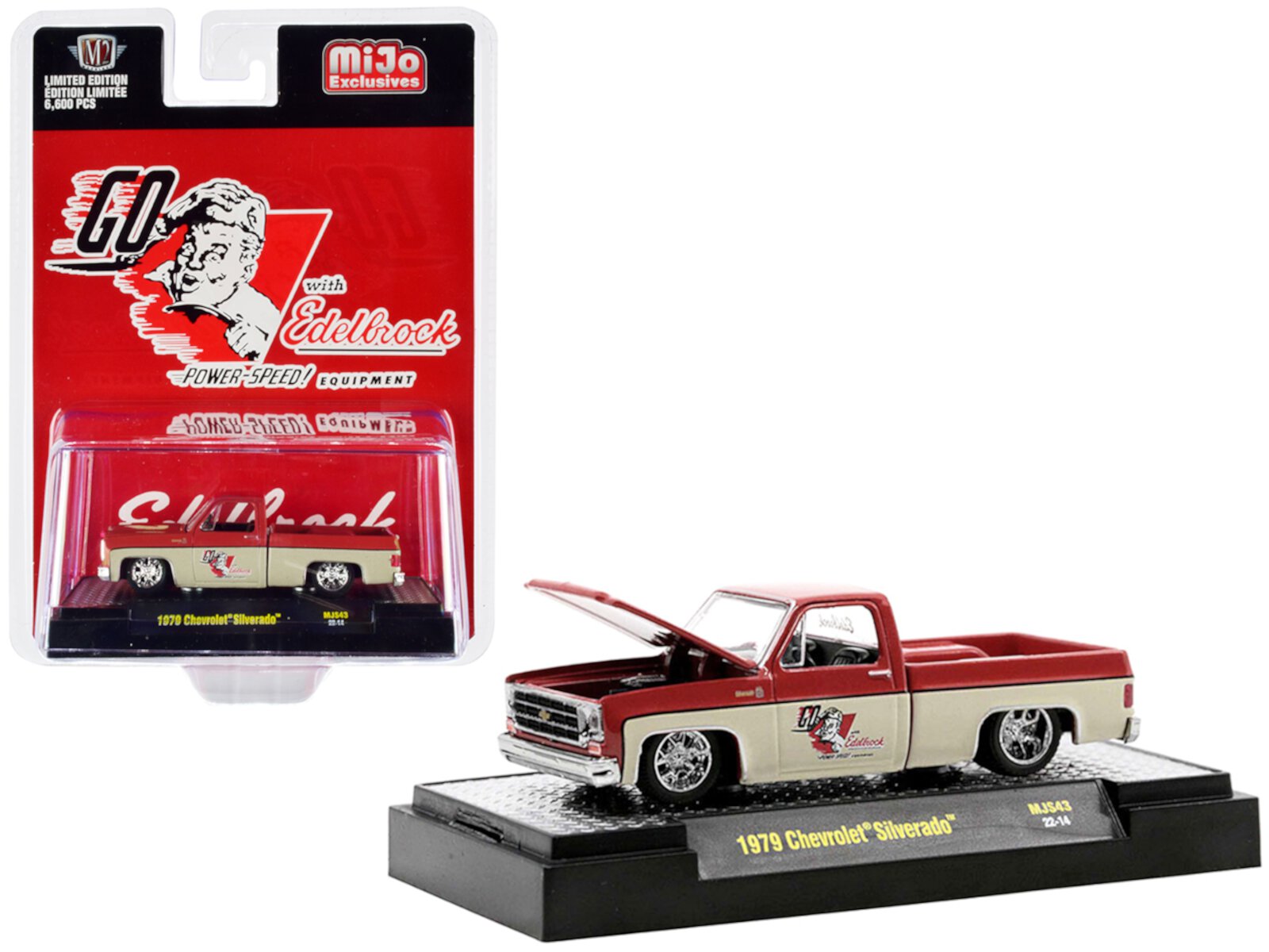 Diecast 1979 Chevrolet Silverado Pickup Truck Red and Tan "Go with Edelbrock" Limited Edition to 6600 pieces Worldwide 1/64 Diecast Model Car by M2 Machines M2 Machines