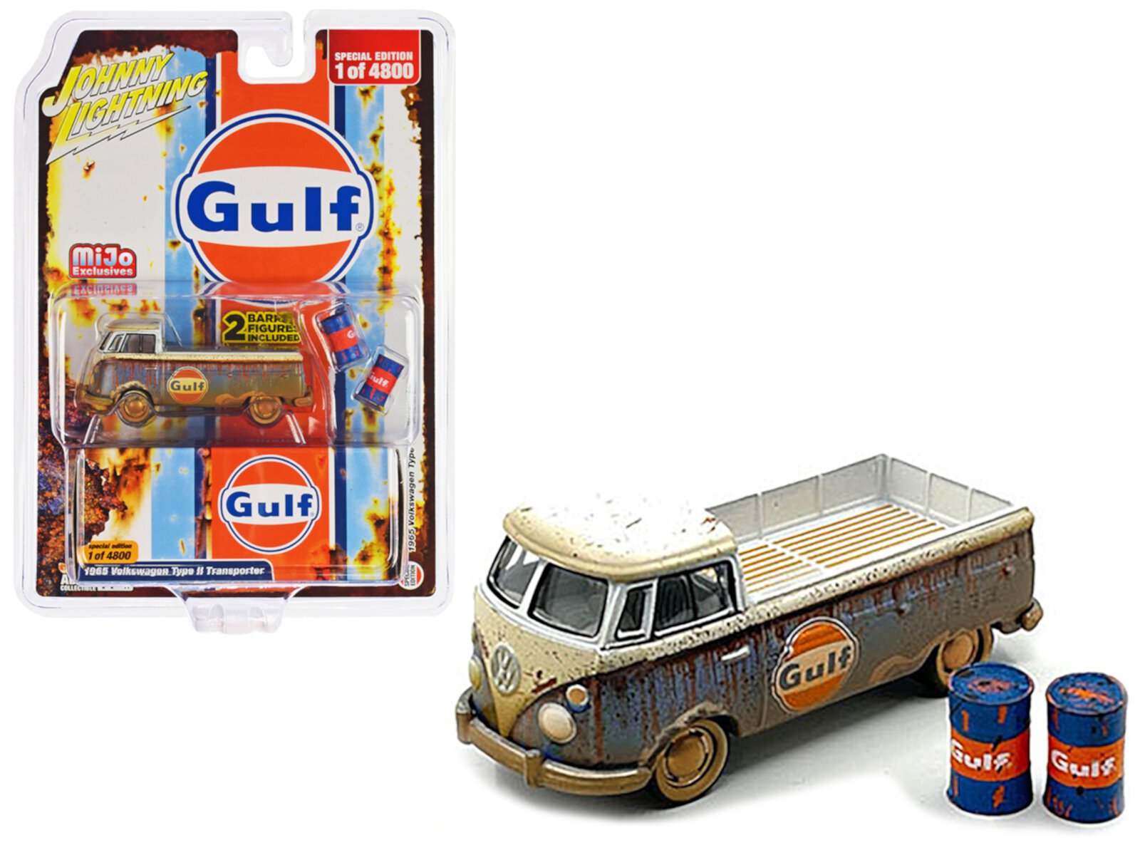 1965 Volkswagen Type 2 Transporter Truck Blue & White (Rusted) "Gulf Oil" w/2 Barrels 1/64 Diecast Model Car by Johnny Lightning Johnny Lightning