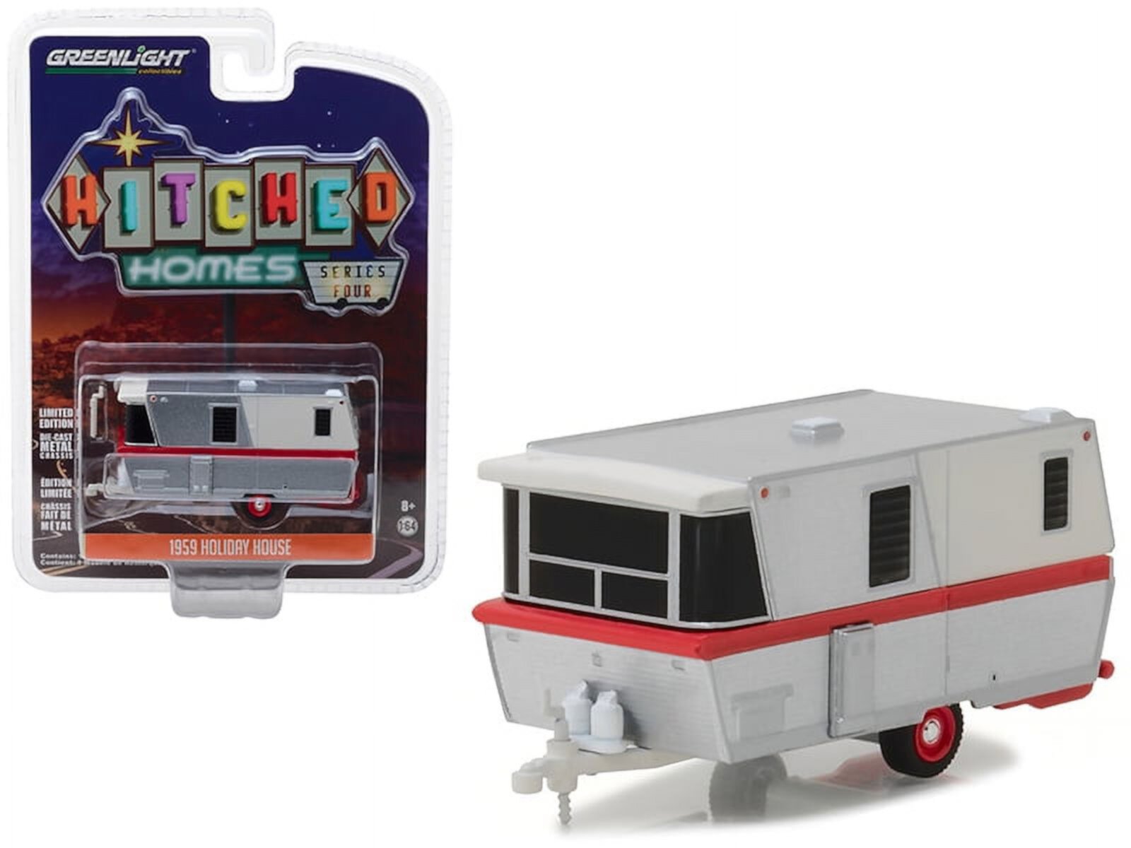 1959 Holiday House Travel Trailer Silver with Red Stripe Hitched Homes Series 4 1/64 Diecast Model by Greenlight Greenlight