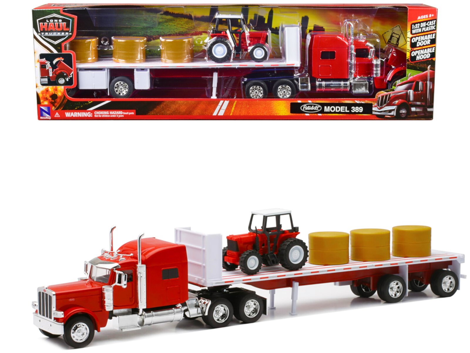 Peterbilt 389 Flatbed Truck Red with Farm Tractor Red and Hay Bales "Long Haul Trucker" Series 1/32 Diecast Model by New Ray New Ray Toys