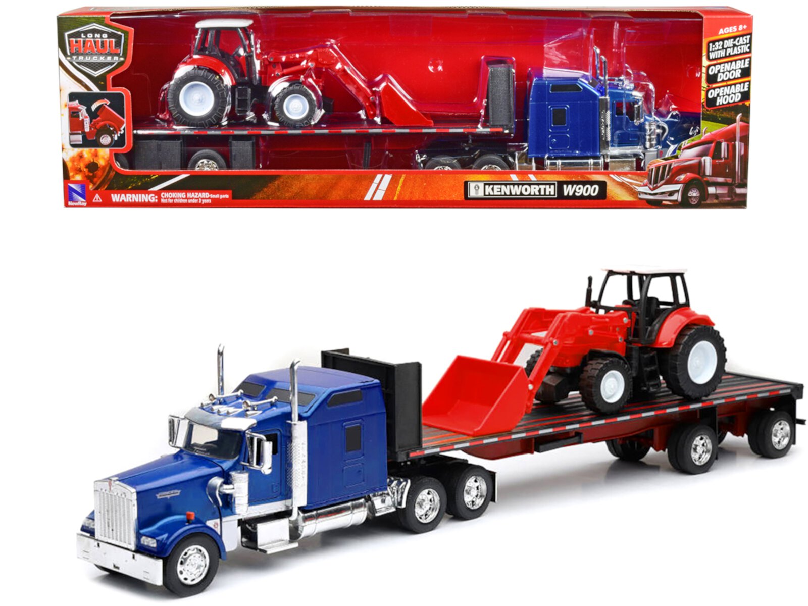 Kenworth W900 Truck with Flatbed Trailer Blue Met. w/Farm Tractor Red "Long Haul Truckers" Series 1/32 Diecast Model by New Ray New Ray Toys