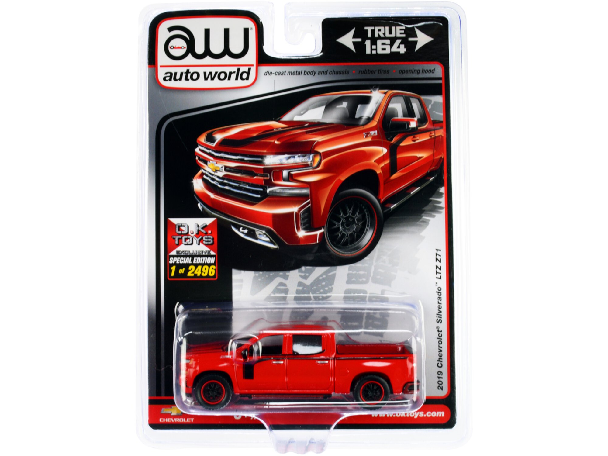 2019 Chevrolet Silverado LTZ Z71 Pickup Truck Red with Black Stripes Limited Ed to 2496 pcs 1/64 Diecast Model Car by Auto World Auto World