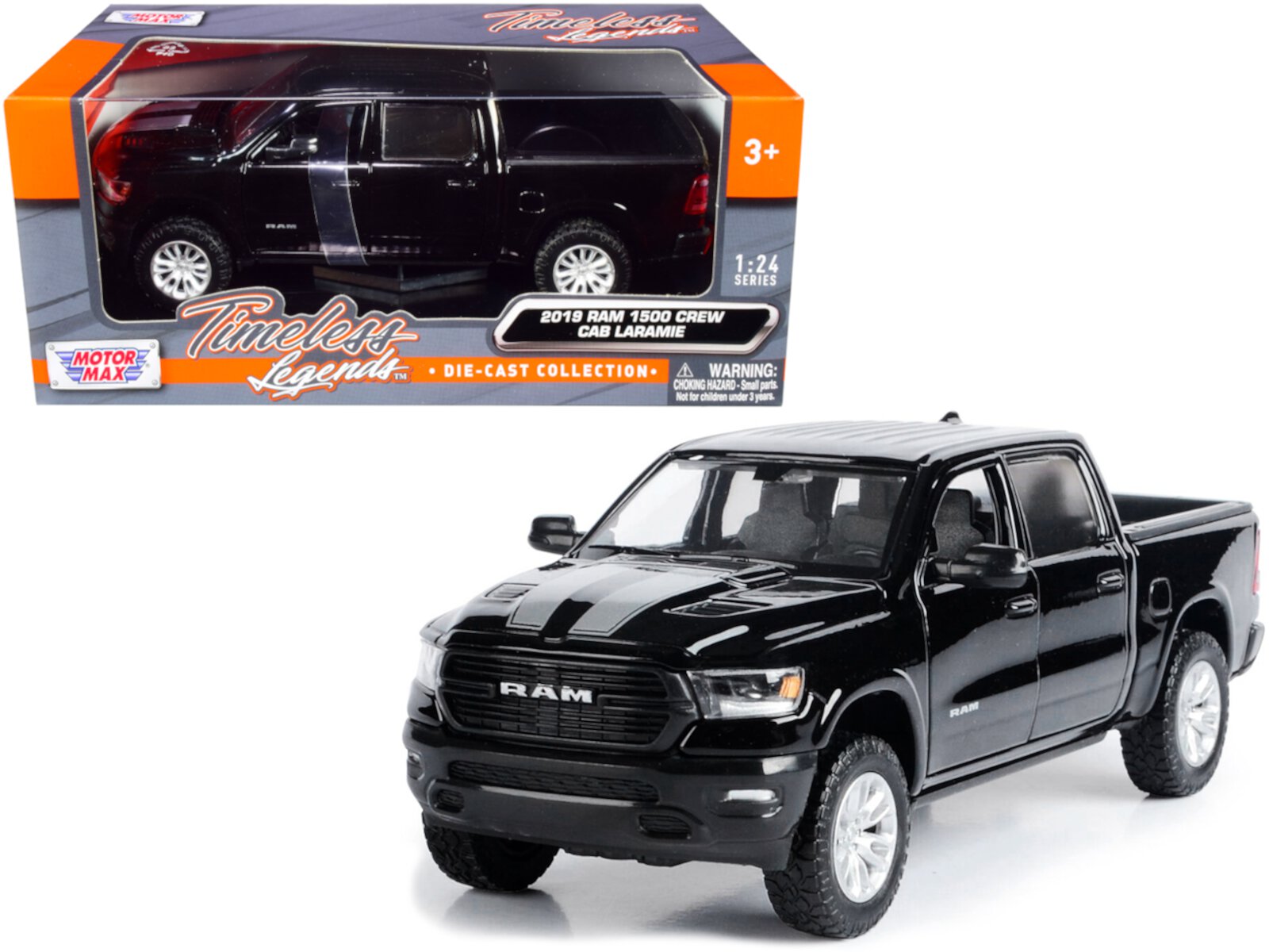 2019 RAM 1500 Laramie Crew Cab Pickup Truck Black with Silver Stripes 1/24 Diecast Model Car by Motormax MOTORMAX