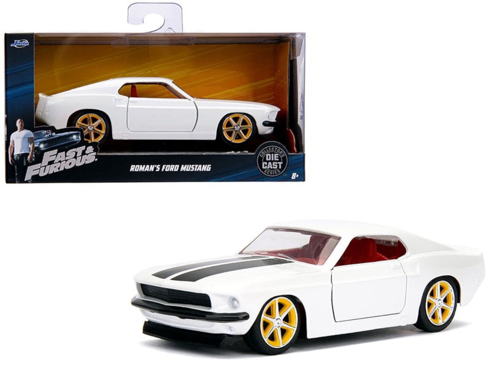 Roman's Ford Mustang White with Black Stripes and Red Interior "Fast & Furious" Movie 1/32 Diecast Model Car by Jada JADA TOYS