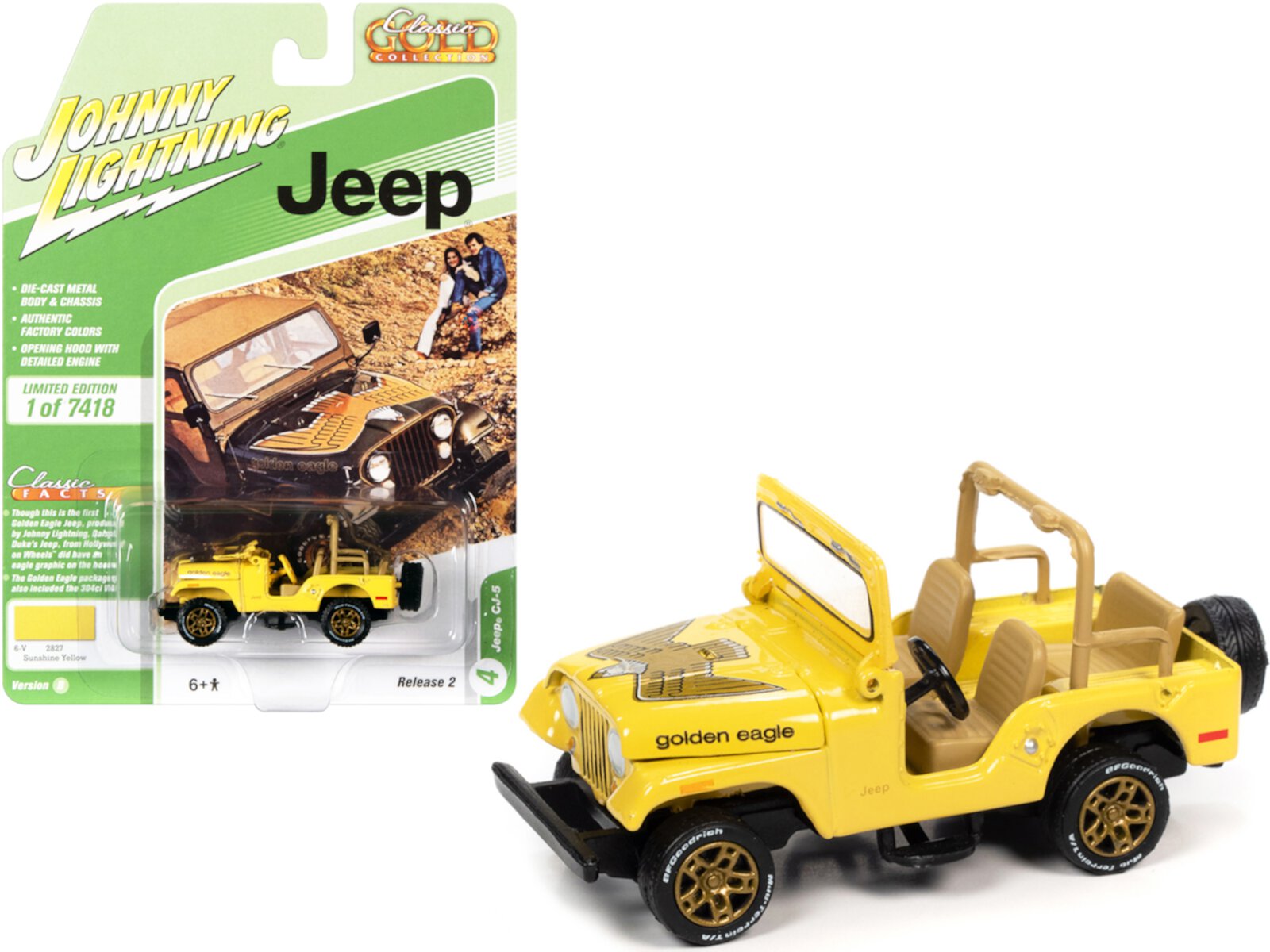 Jeep CJ-5 Yellow w/ Golden Eagle Graphics Classic Gold Collection Ltd Ed to 7418 pcs 1/64 Diecast Model Car by Johnny Lightning Johnny Lightning