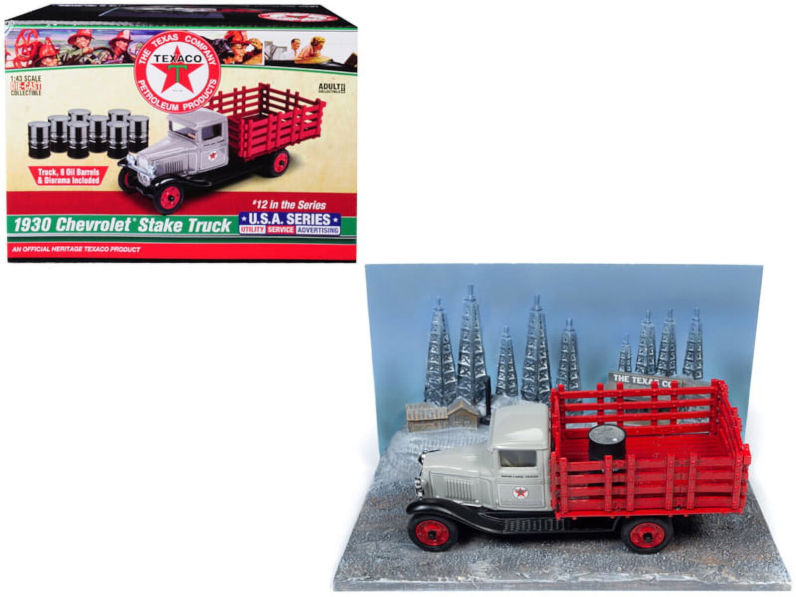 1930 Chevrolet Stake Truck with Eight Oil Barrels and Oil Derricks Diorama "Texaco" 12th in the "U.S.A. Series" 1/43 Diecast Model by Auto World Auto World