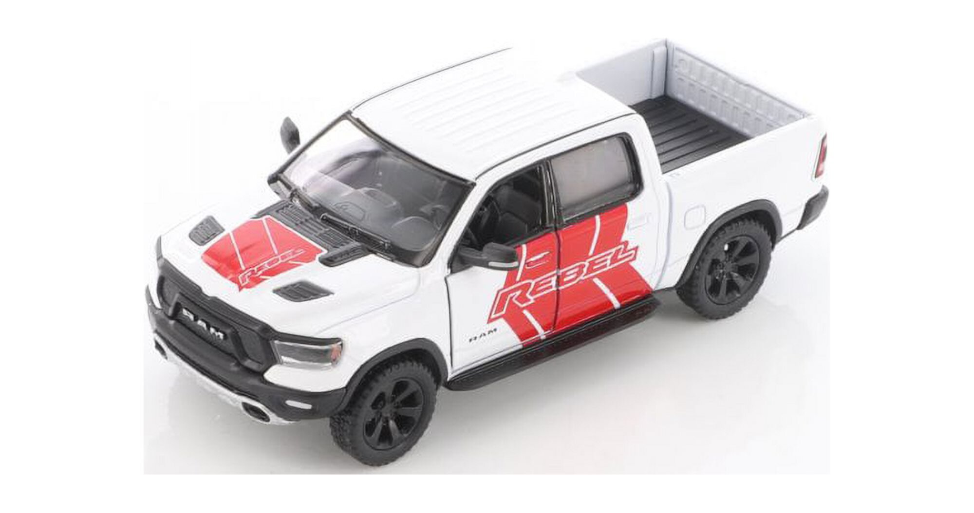 2019 Dodge Ram 1500 Pick-Up truck with Rebel decals, White - Kinsmart 5413DF - 1/46 scale Diecast Model Toy Car KiNSMART